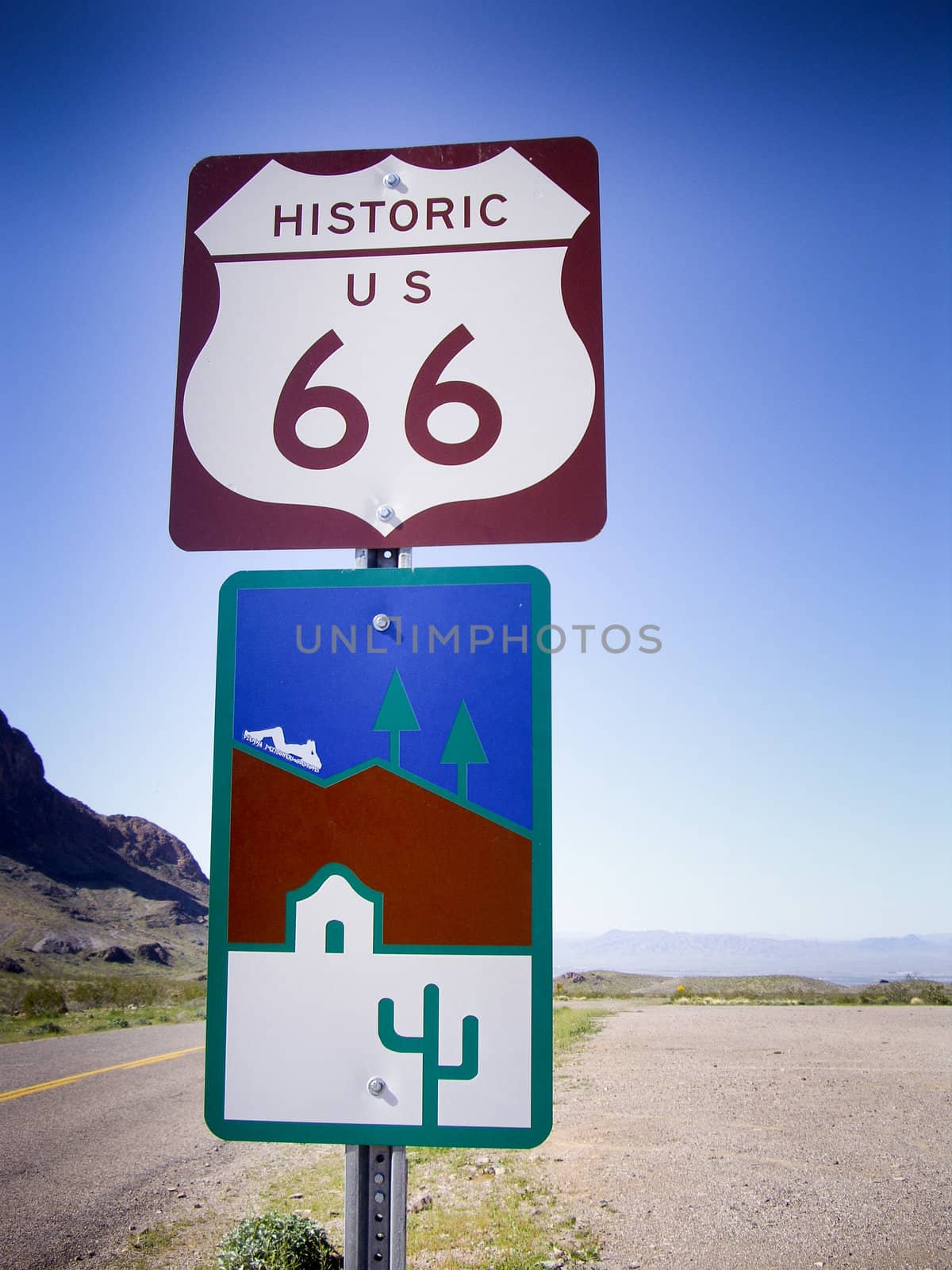 Historic roadsign along Route 66 in desert of Arizona USA 