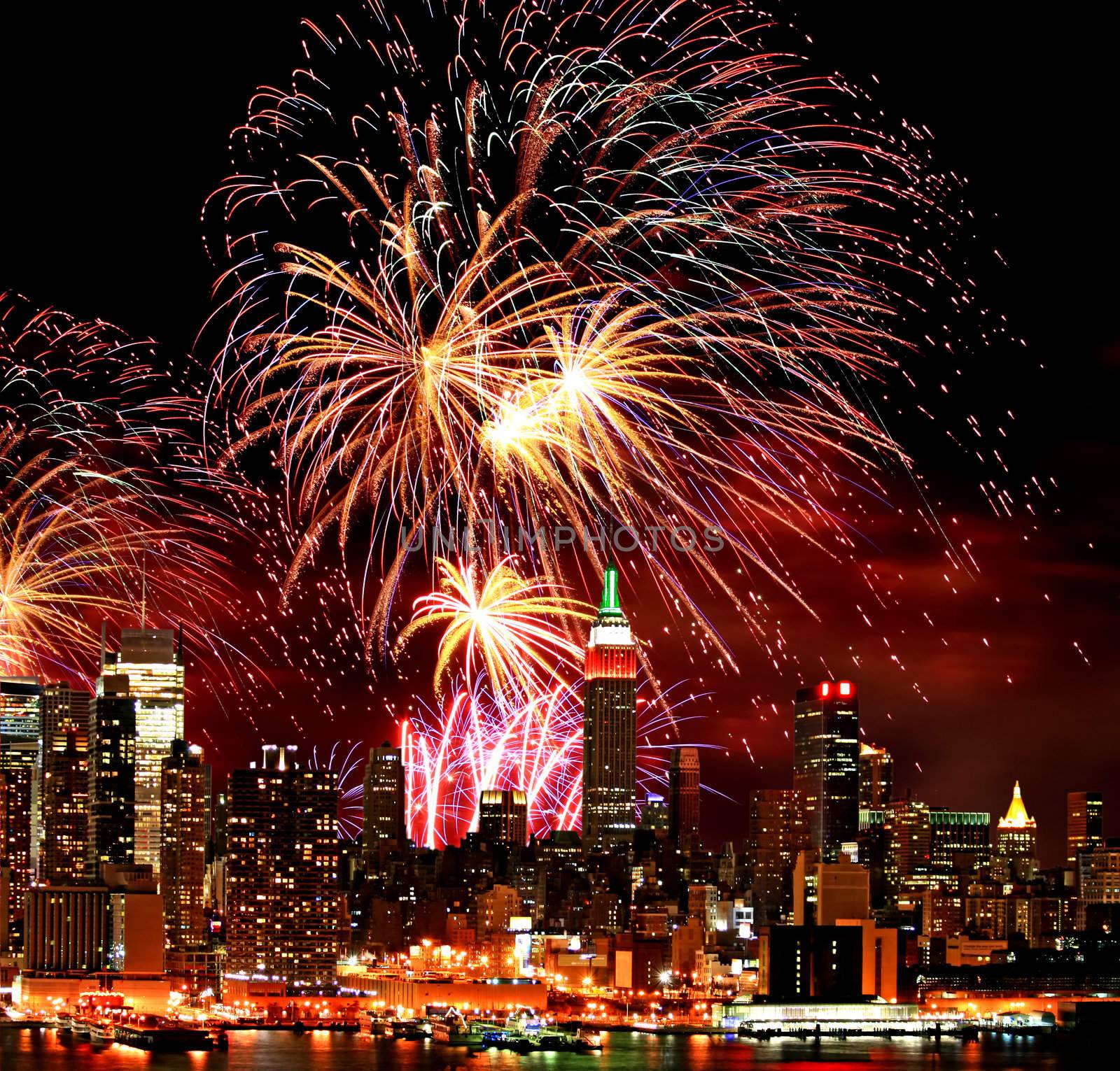 The New York City skyline and fireworks by gary718