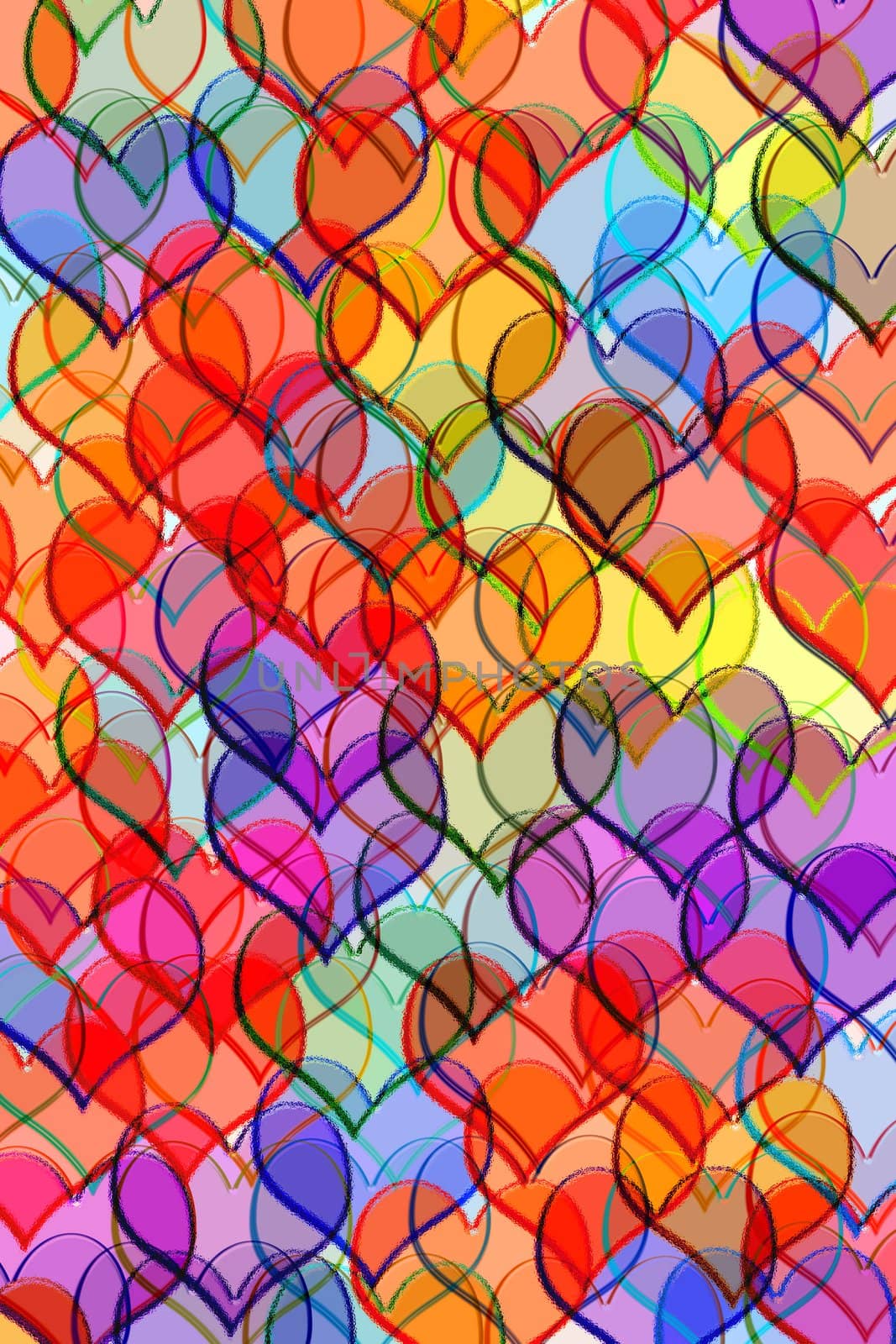 Many coloured glassy hearts