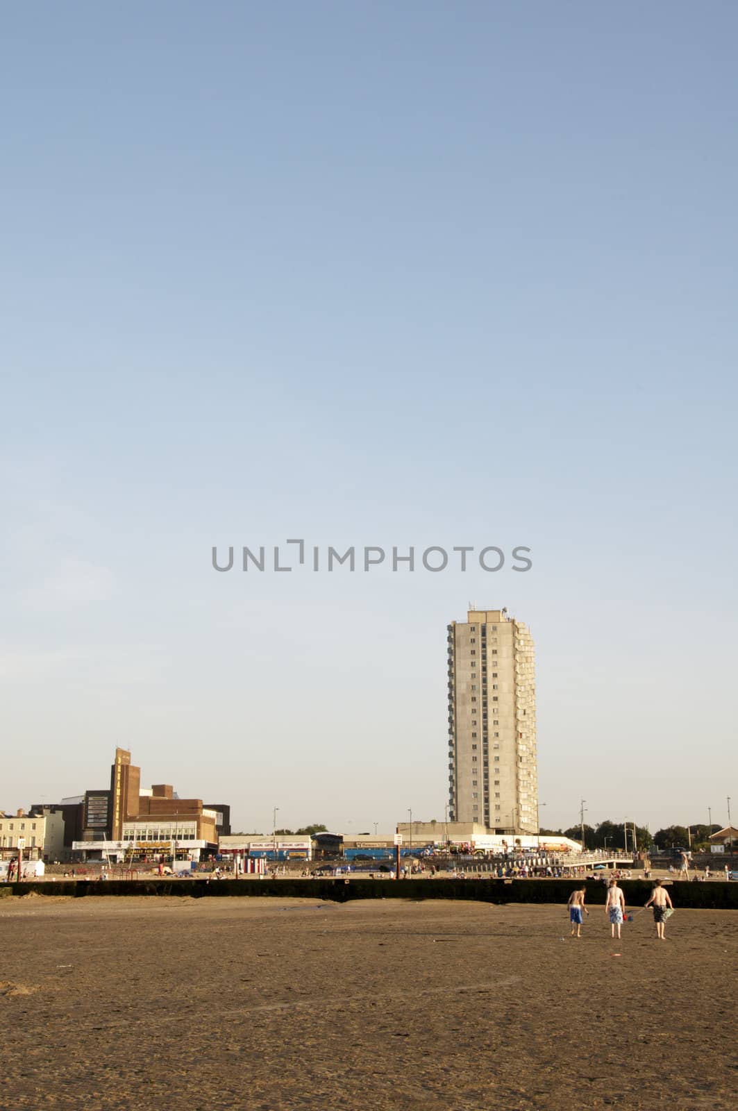 A view from Margate  beach in the late afternoon with buildings in the background