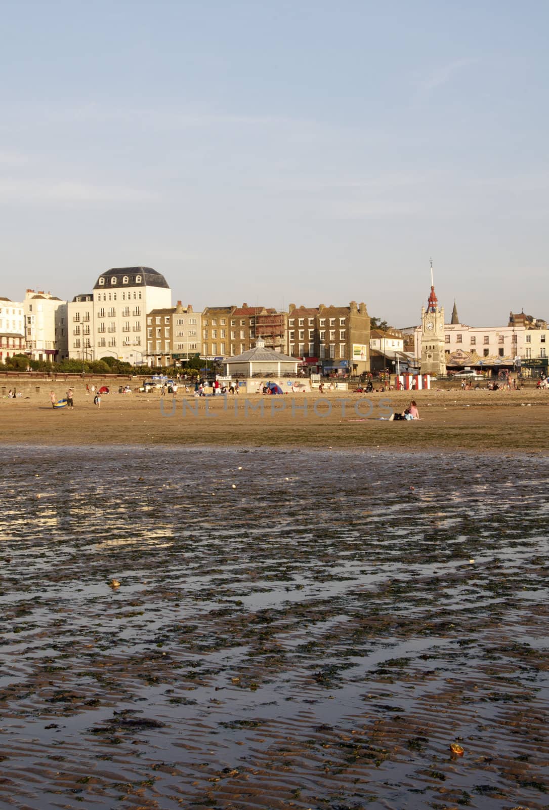 A view from Margate  beach in the late afternoon with buildings in the background