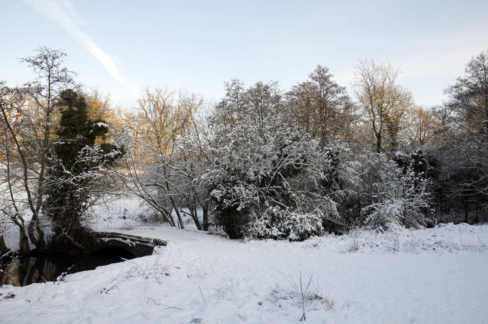 A footpath over a bridge  covered in snow