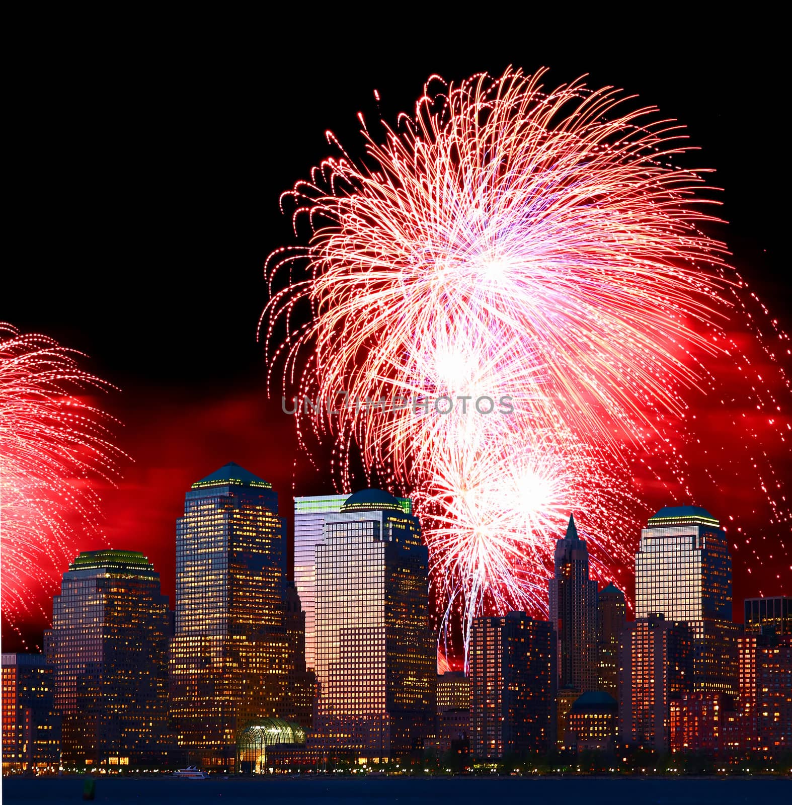 The Lower Manhattan skyline and holiday fireworks