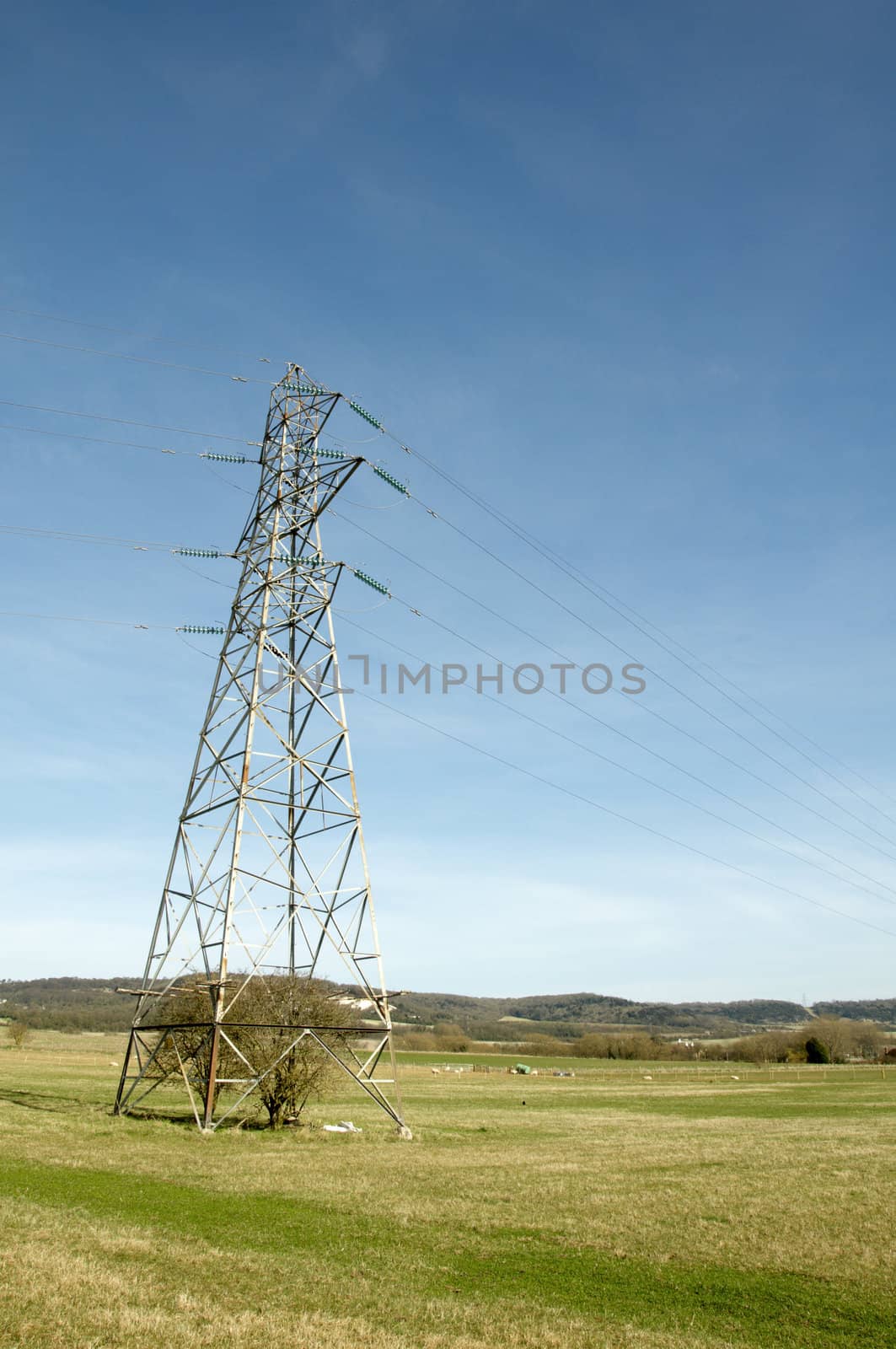 An electrical pylon in a field with a blue sky