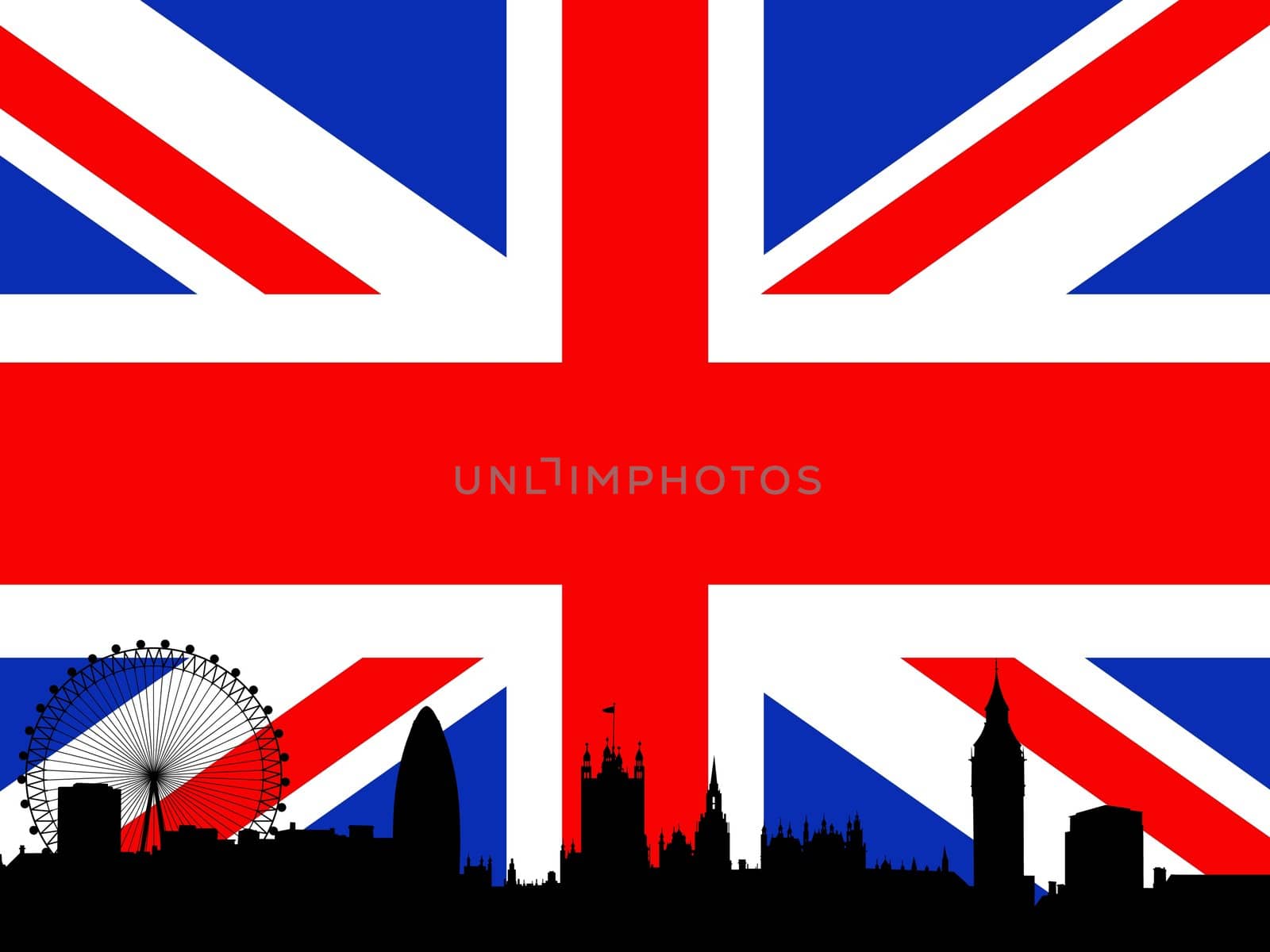 Silhouette of London skyline over a flag of the United Kingdom