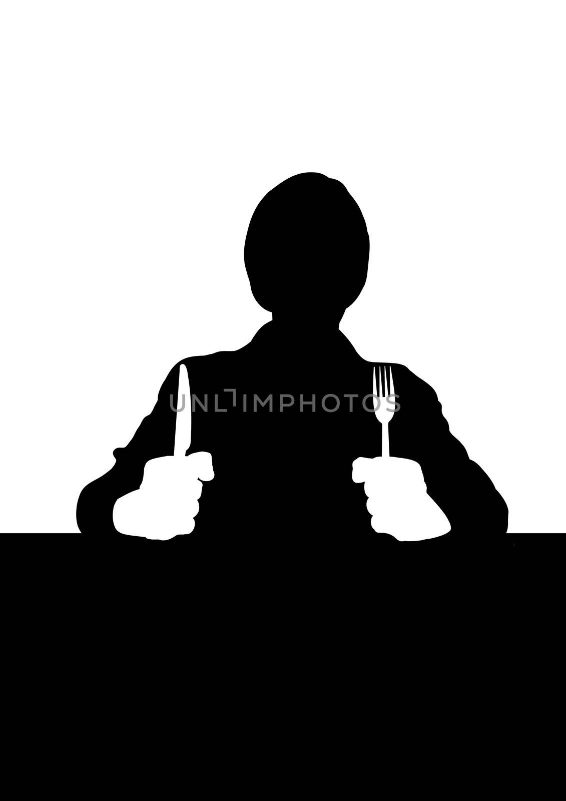 Illustration of a person holding a knife and fork, sitting at a table
