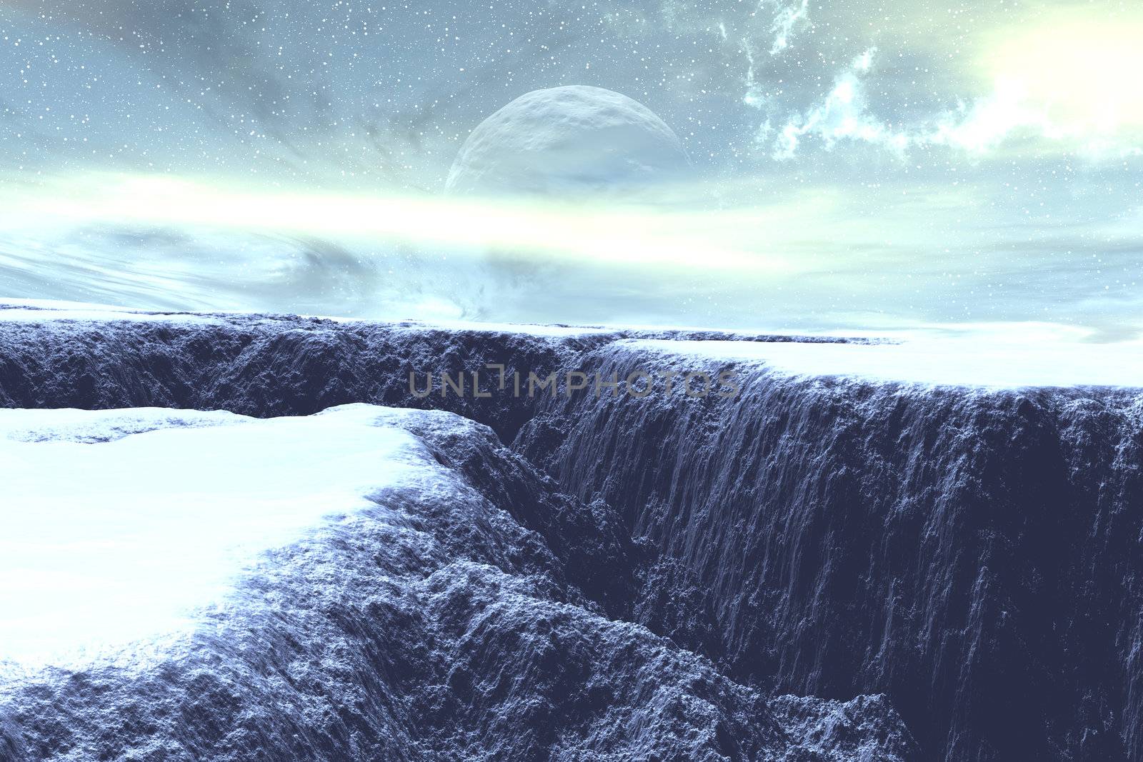 3D rendered illustration of a dark, frozen canyon.