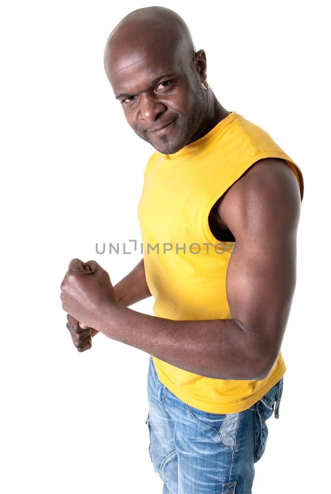 Black strong man smiling on white background.