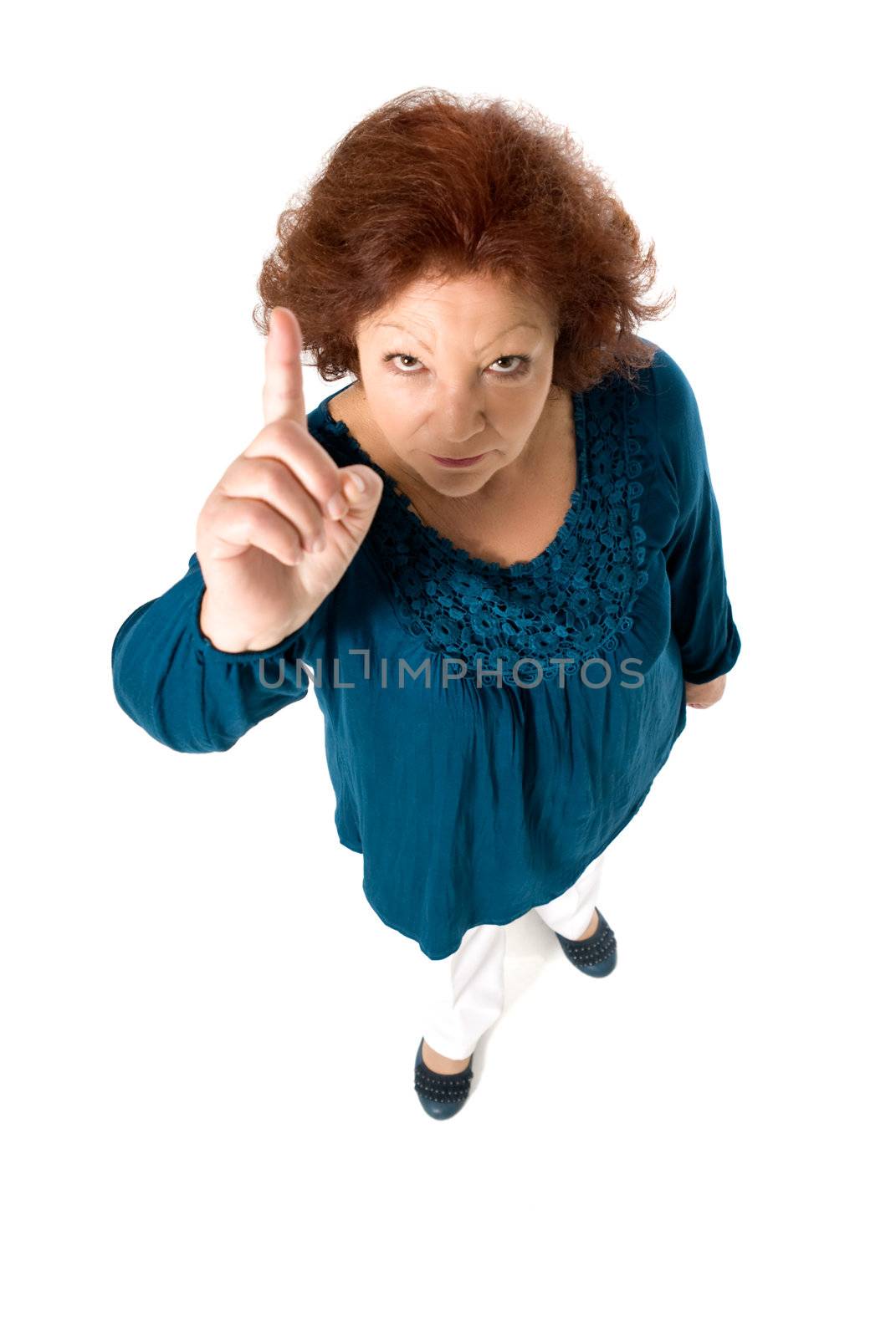 Senior woman with hand in up (scold symbol) on white background.