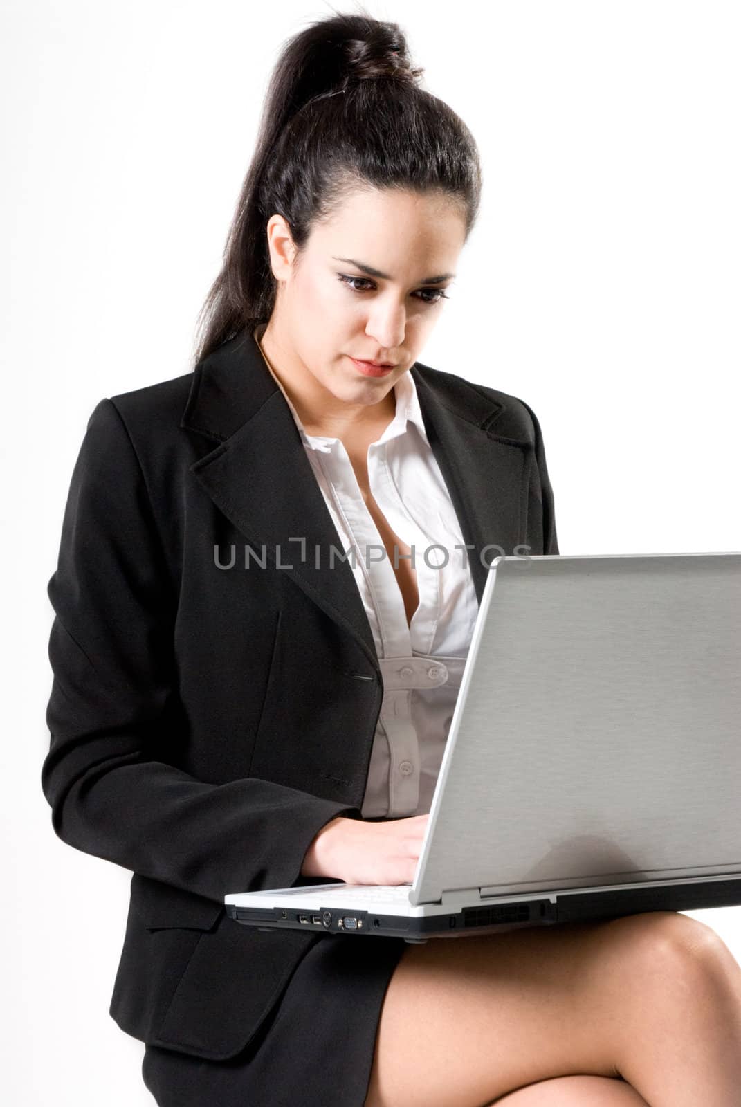 Businesswoman with laptop on white background