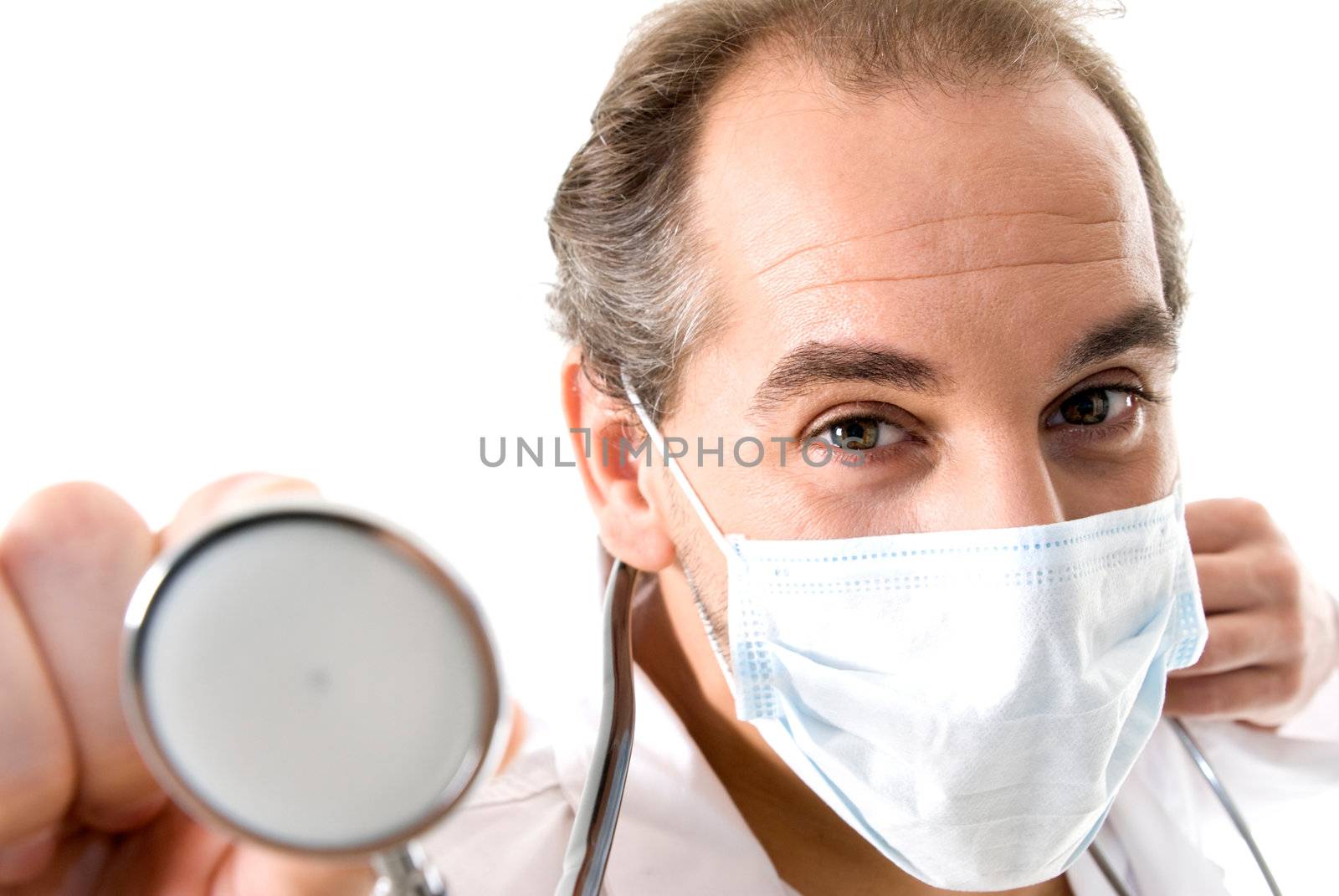 Medic with stethoscope and medical mask on white background.