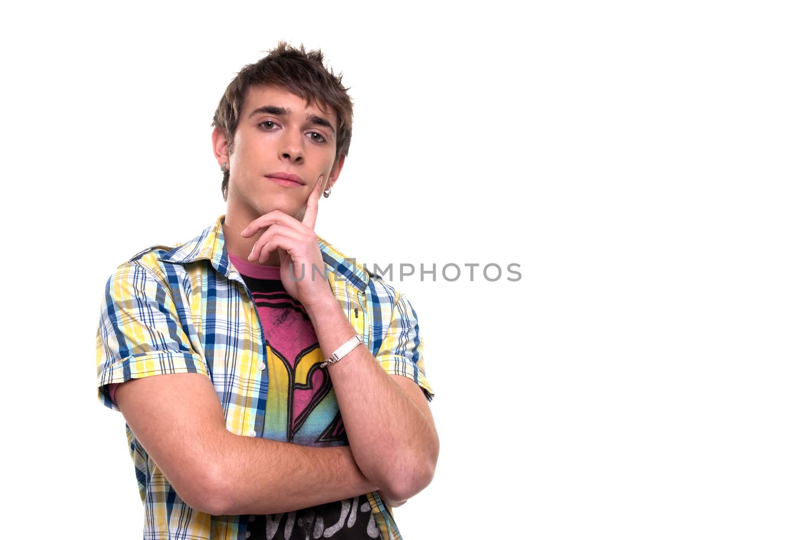 Young men "crossed arms" looking serious to camera on white background. 