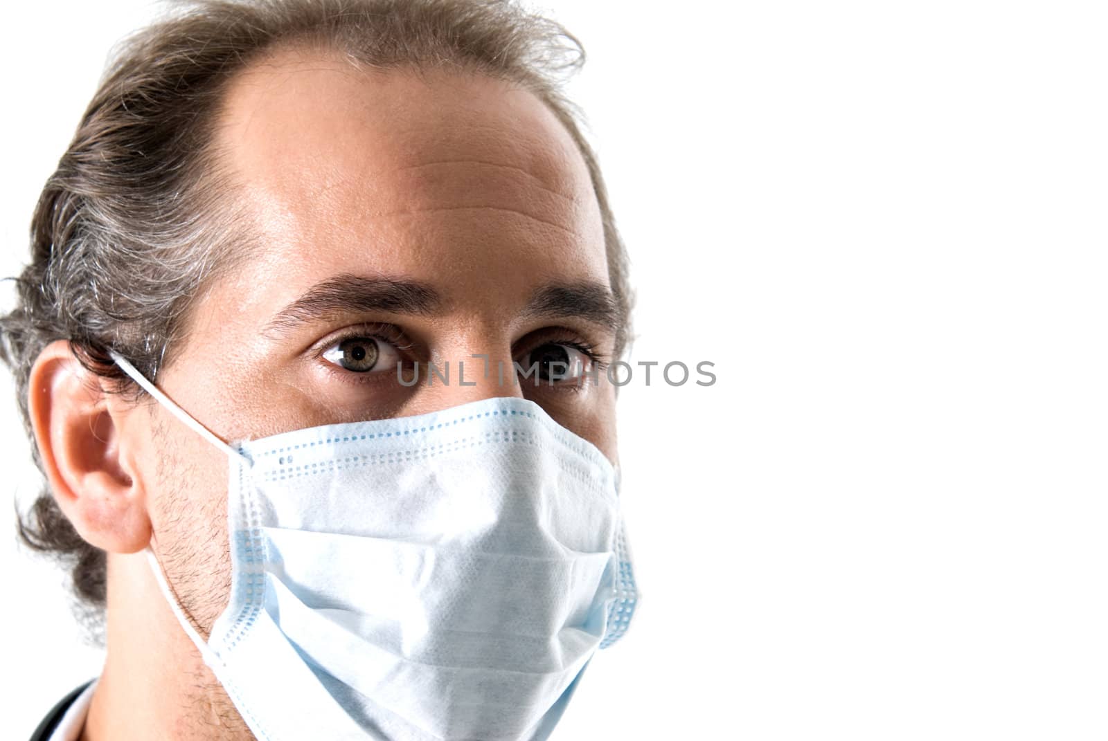 Adult doctor with mask on white background. 