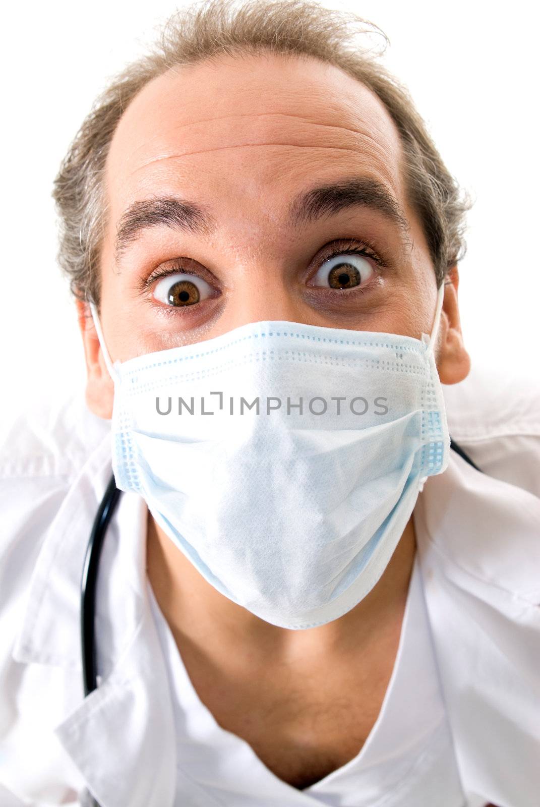 Medic with stethoscope and medical mask on white background. 