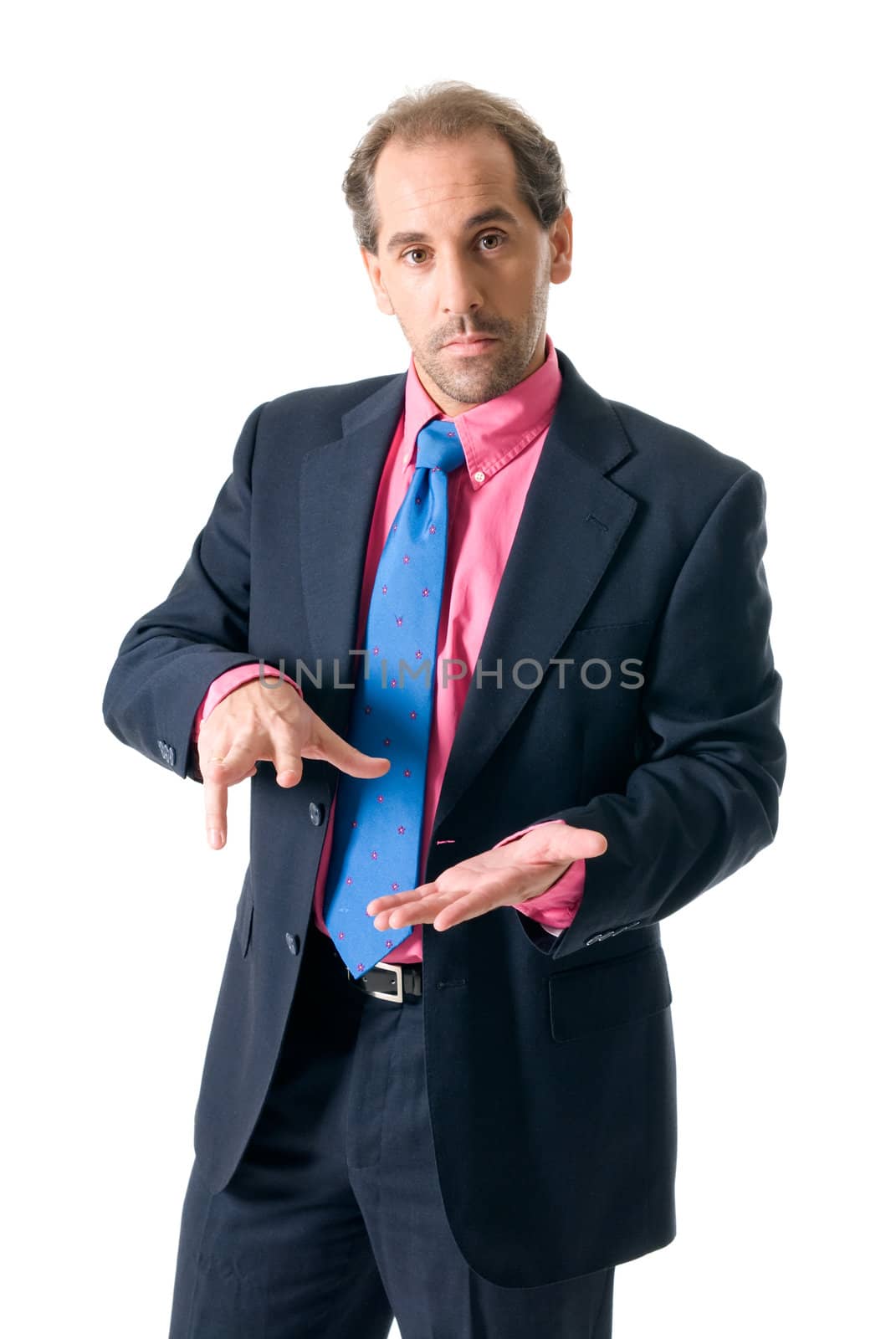 Businessman with pink shirt looking serious on white background
