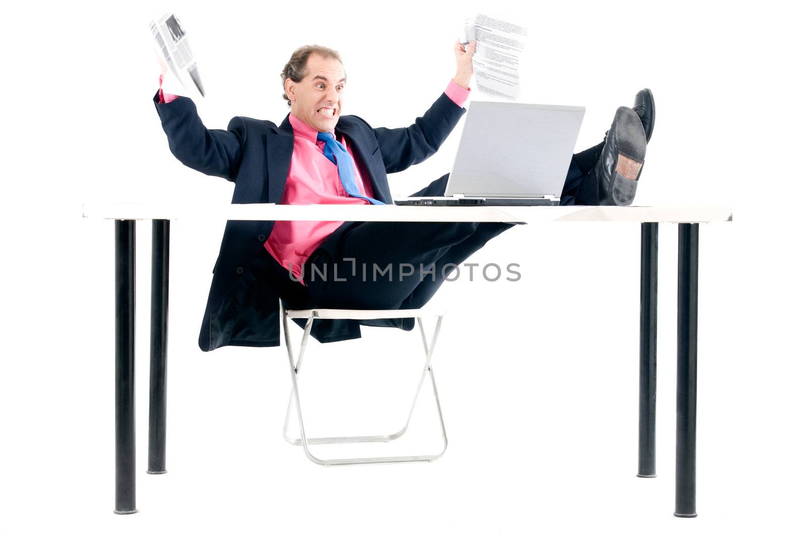Overload businessman with computer problem on white background. 
