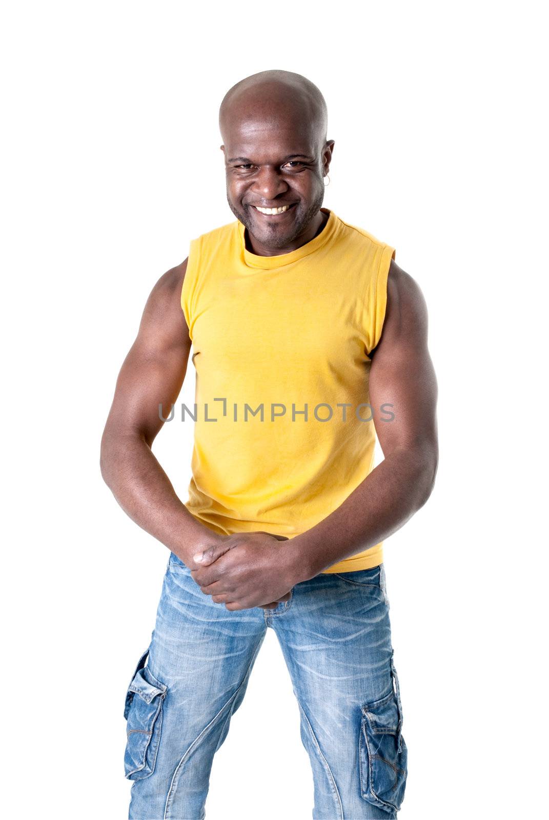 Black strong man smiling on white background. 