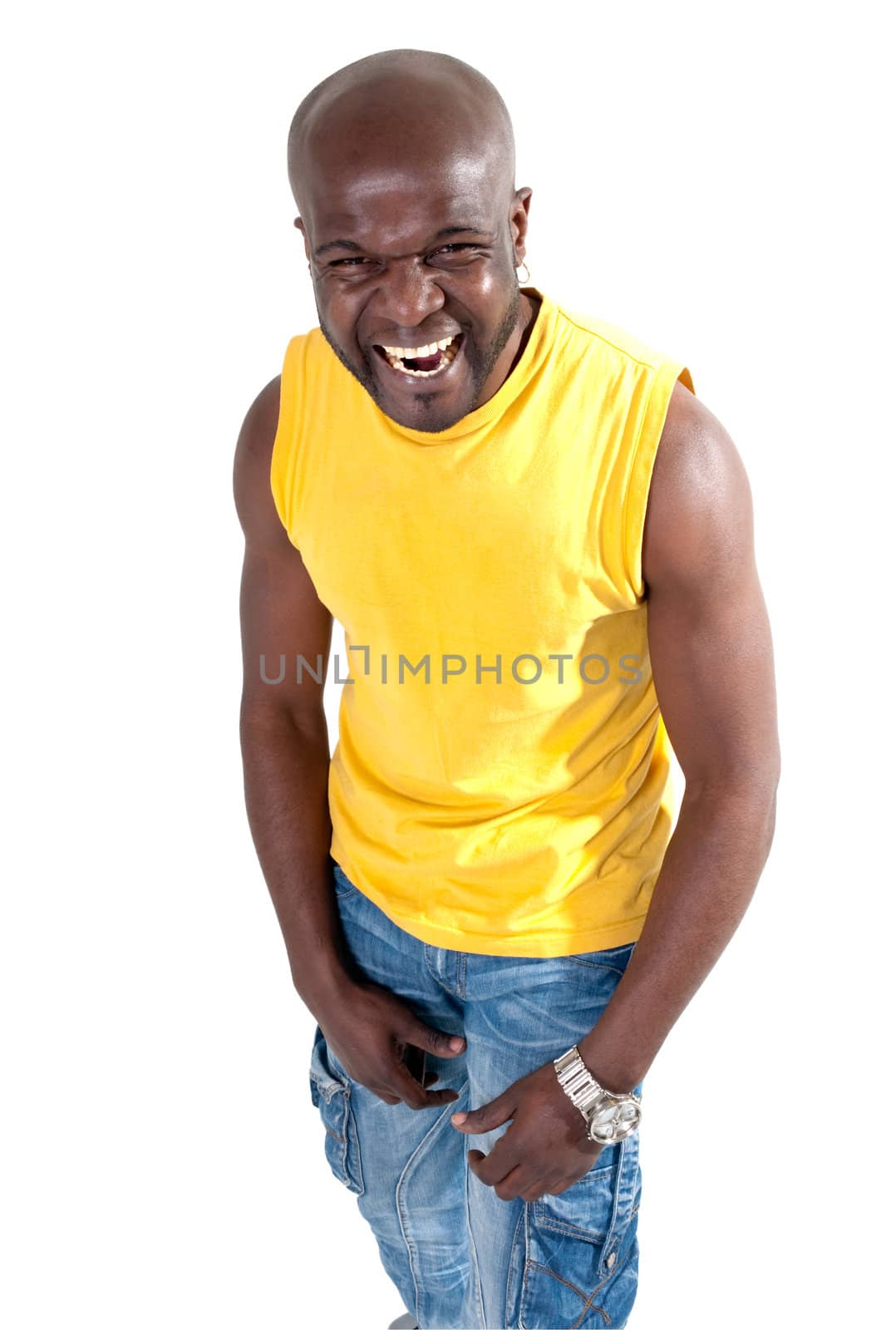 Black man out laughing on white background.