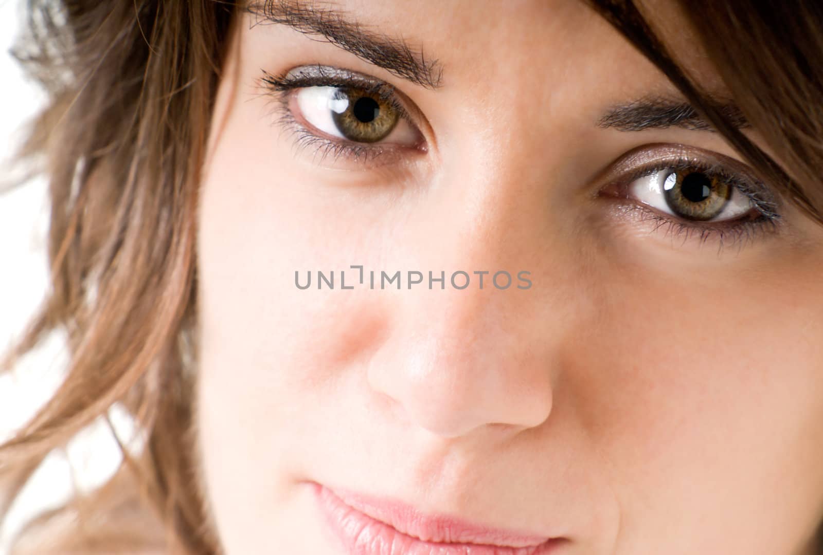 Pretty woman closeup portrait on white background