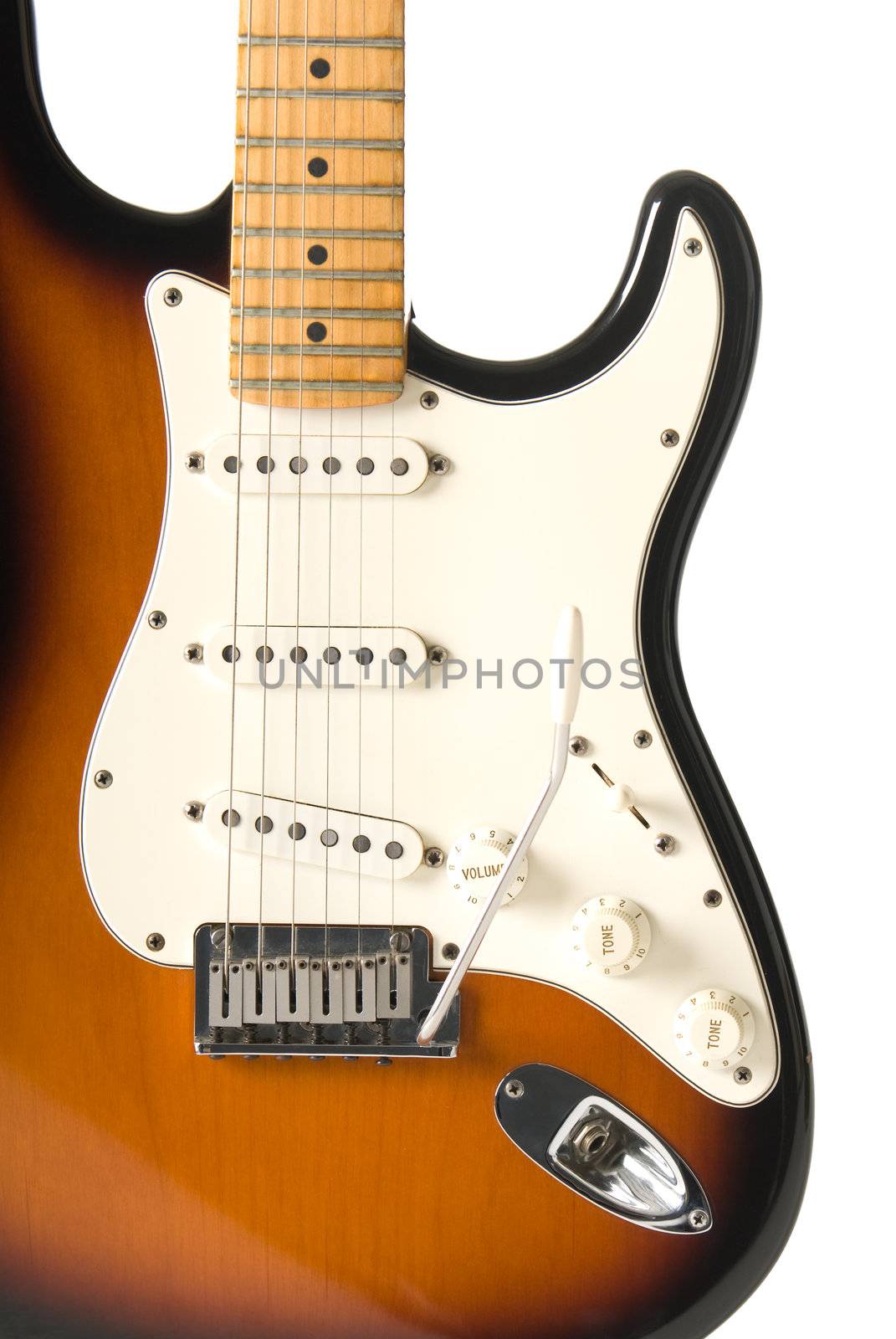 Guitar body (Stratocaster) on white background.