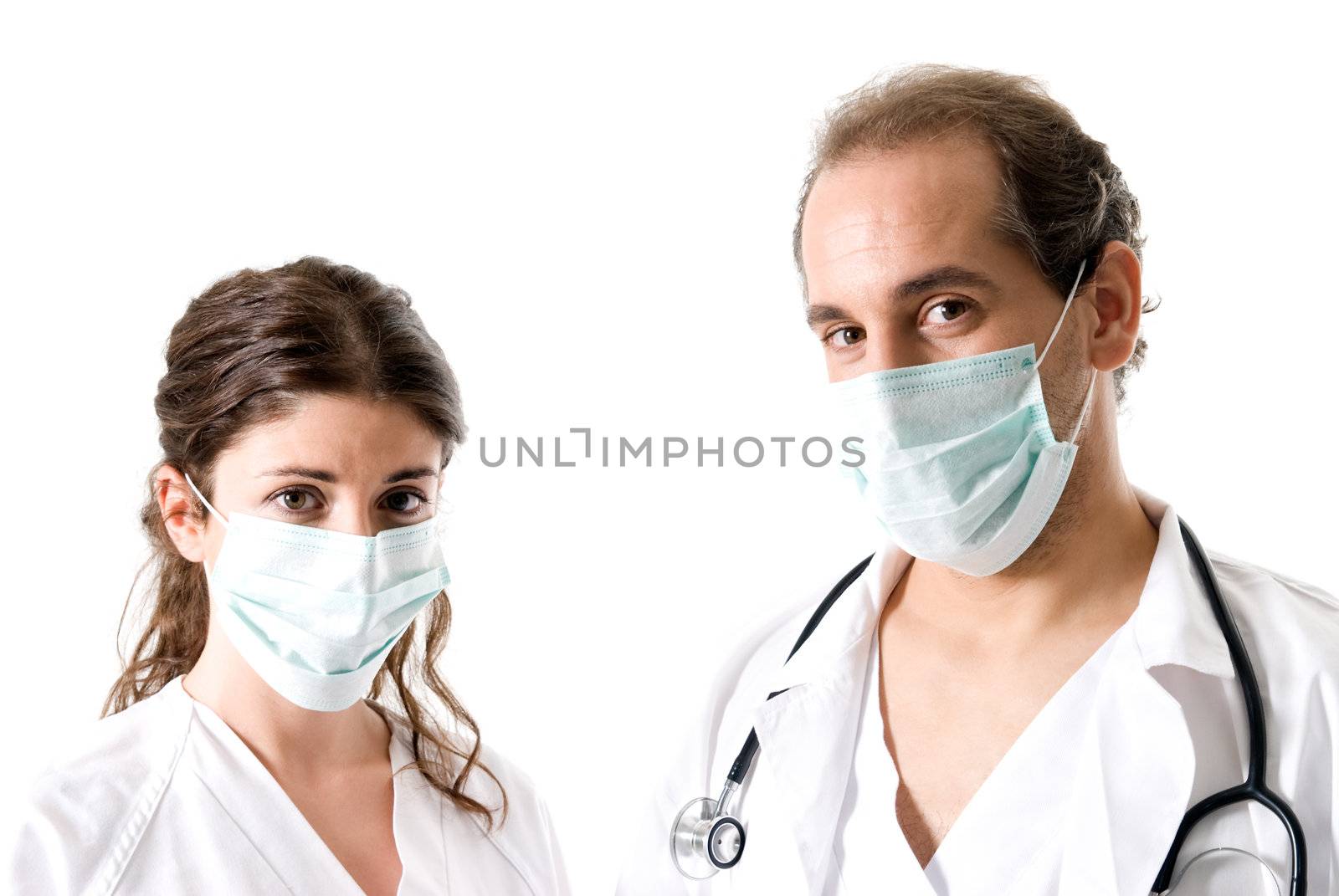 Adult doctor and young nurse with mask on white background.