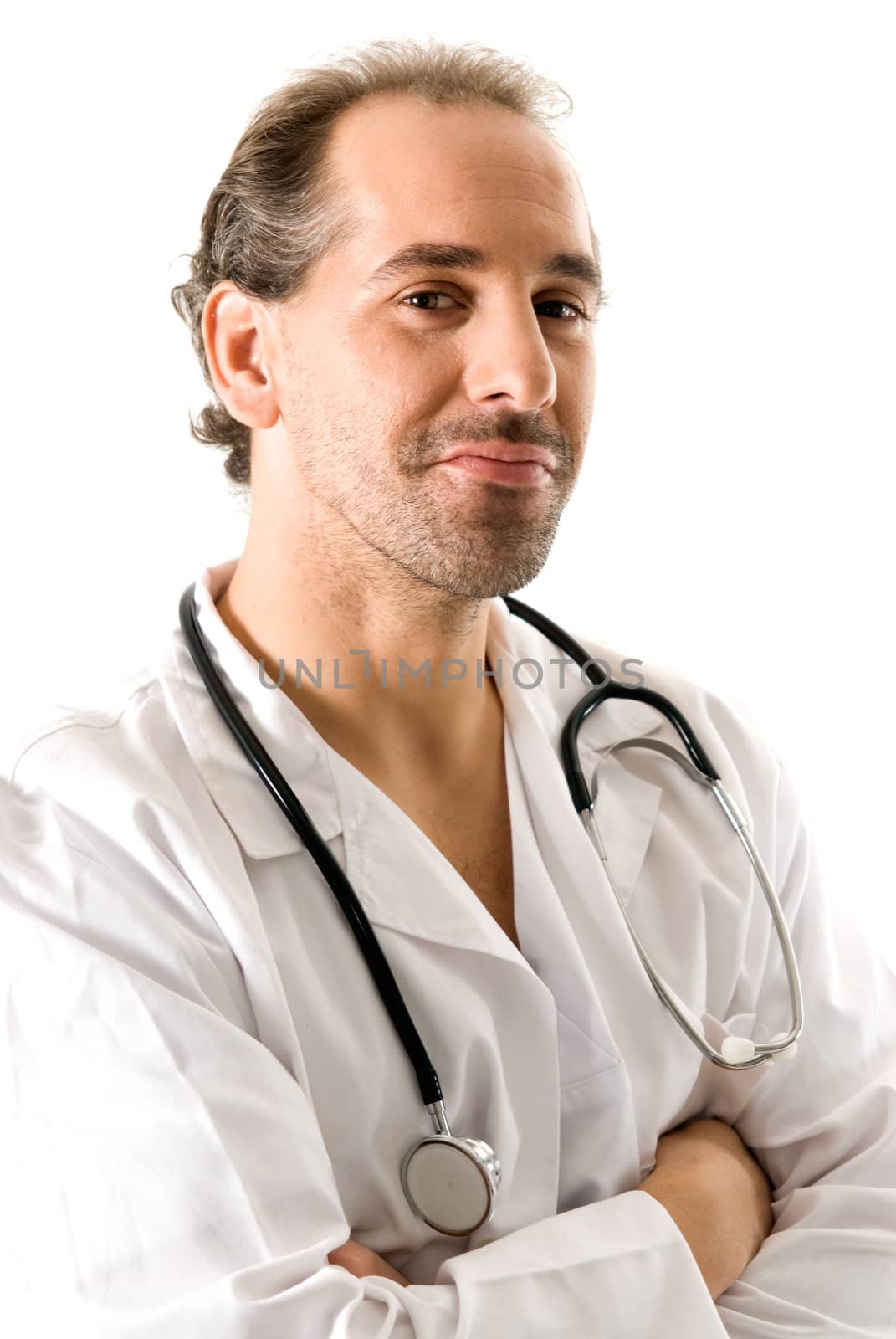 Doctor with stethoscope on white background. 