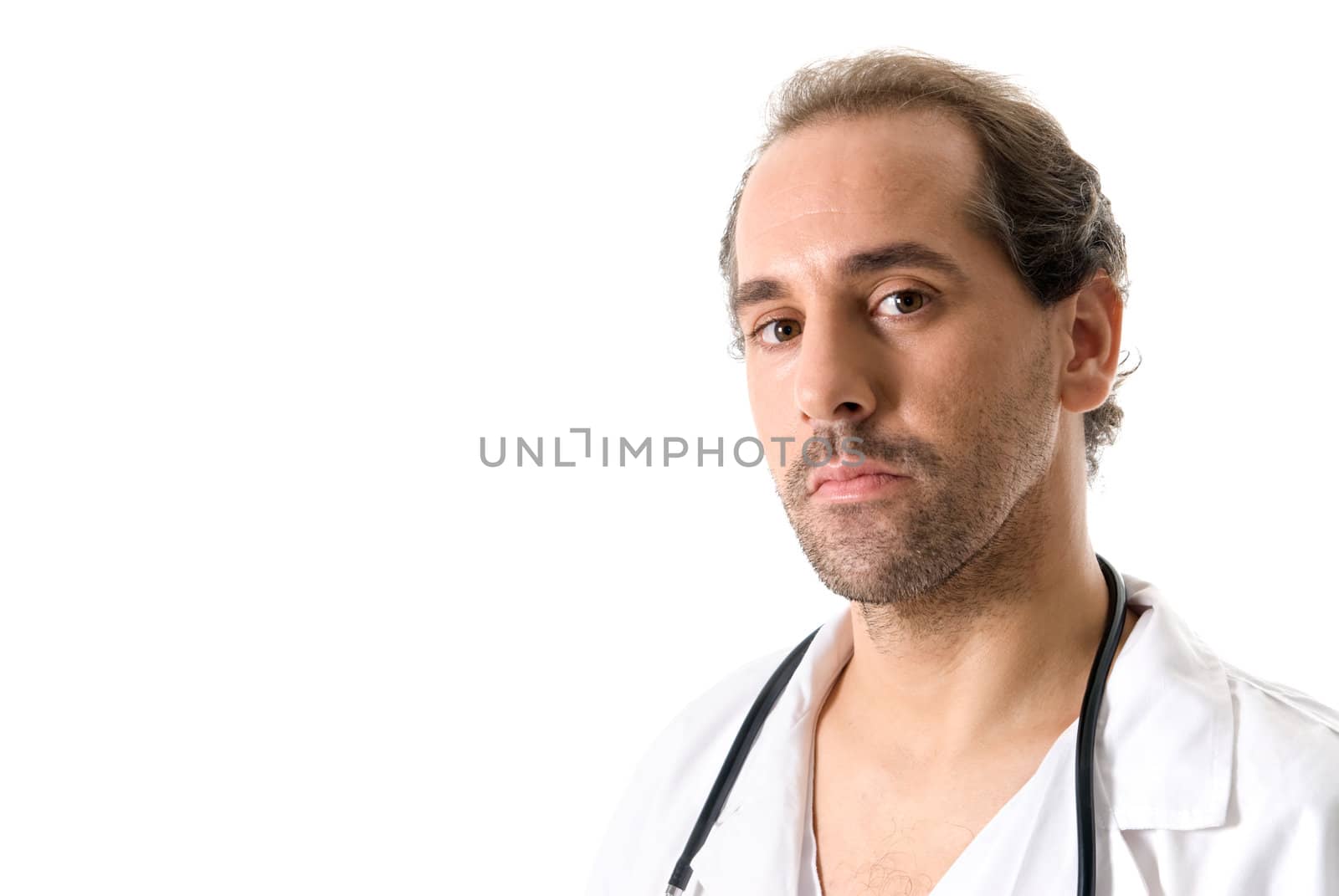 Doctor with stethoscope on white background. 