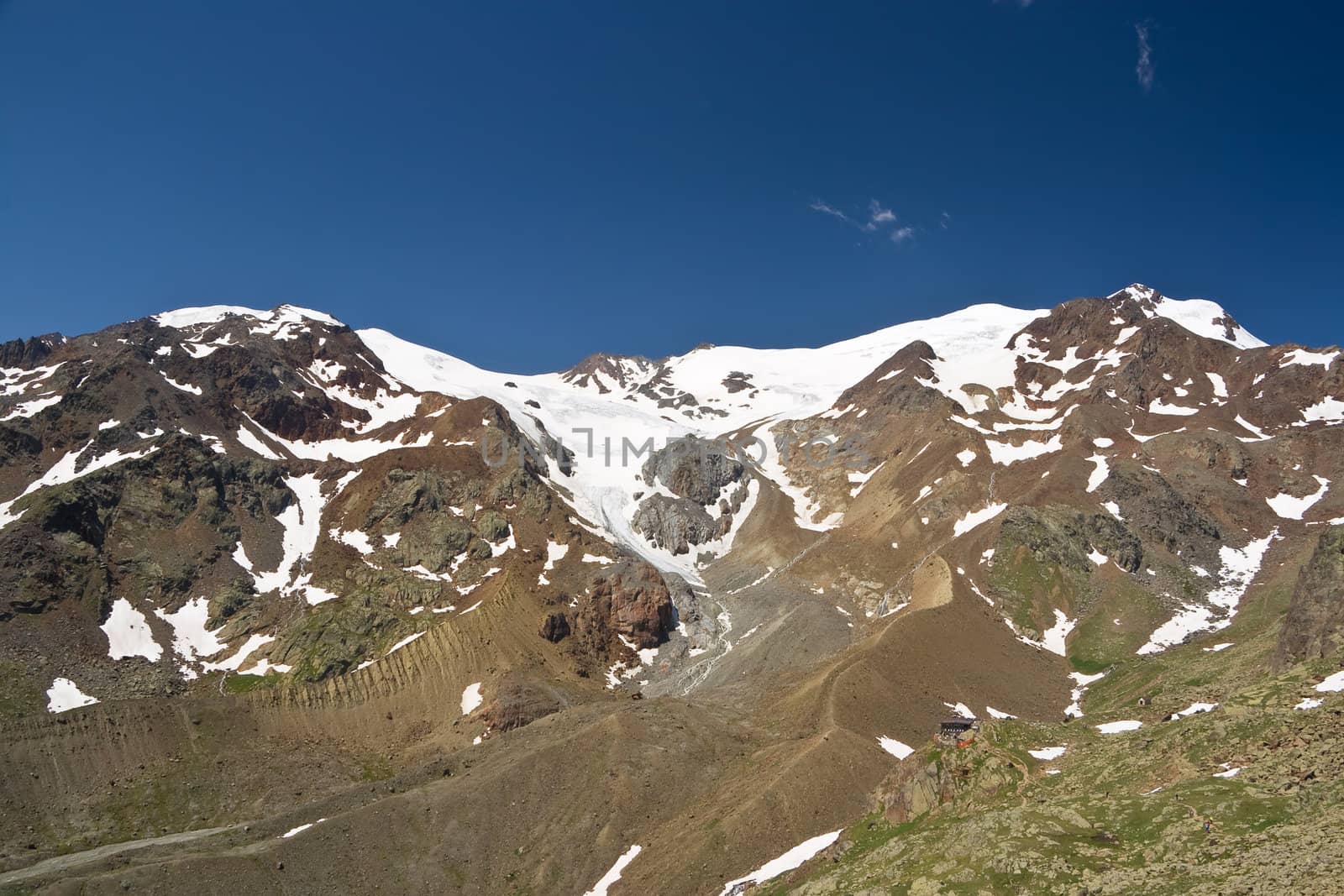 summer view of Cevedale mountain with glacier, in Stelvio National park, Trentino, Italy