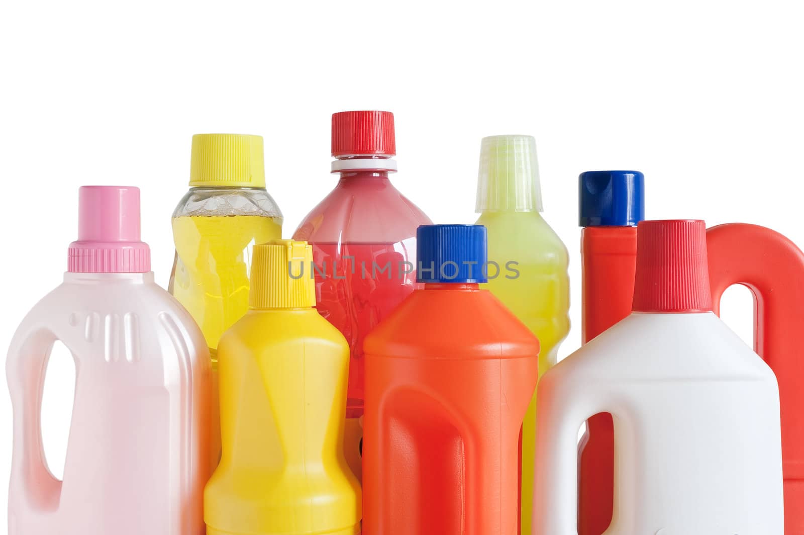 Colored plastic detergent bottles isolated on white background