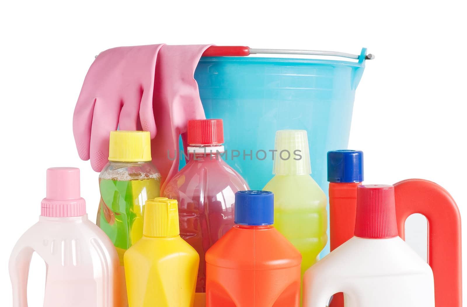 Colored plastic detergent bottles with bucket and gloves isolated on white background with clipping path