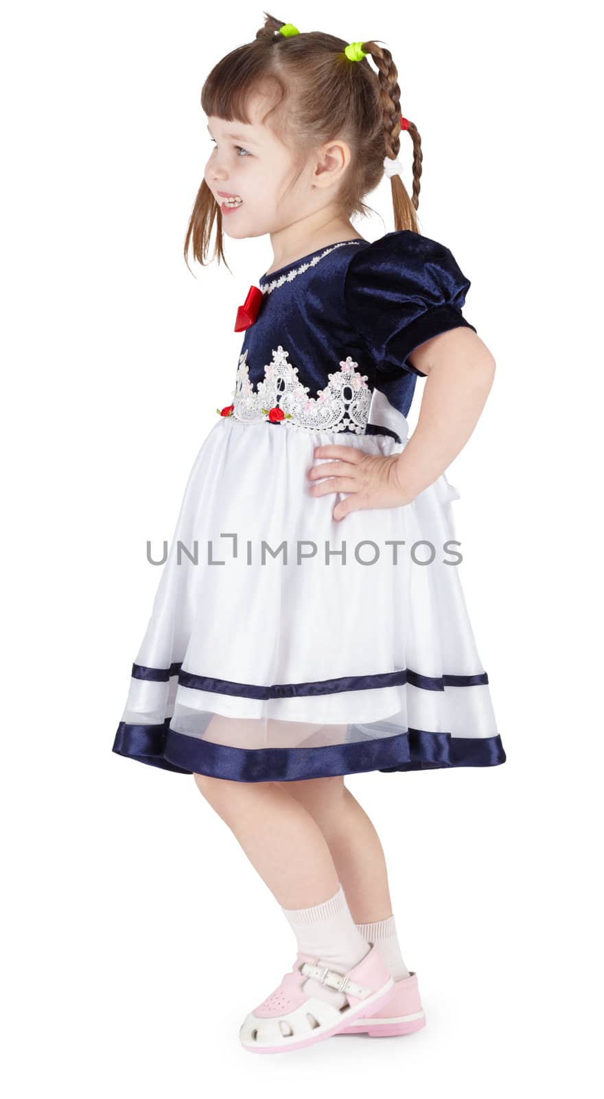 Funny little girl in beautiful dress on white background by pzaxe