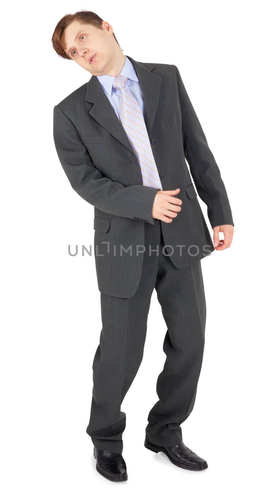 A young businessman had received a heavy blow, isolated on a white background
