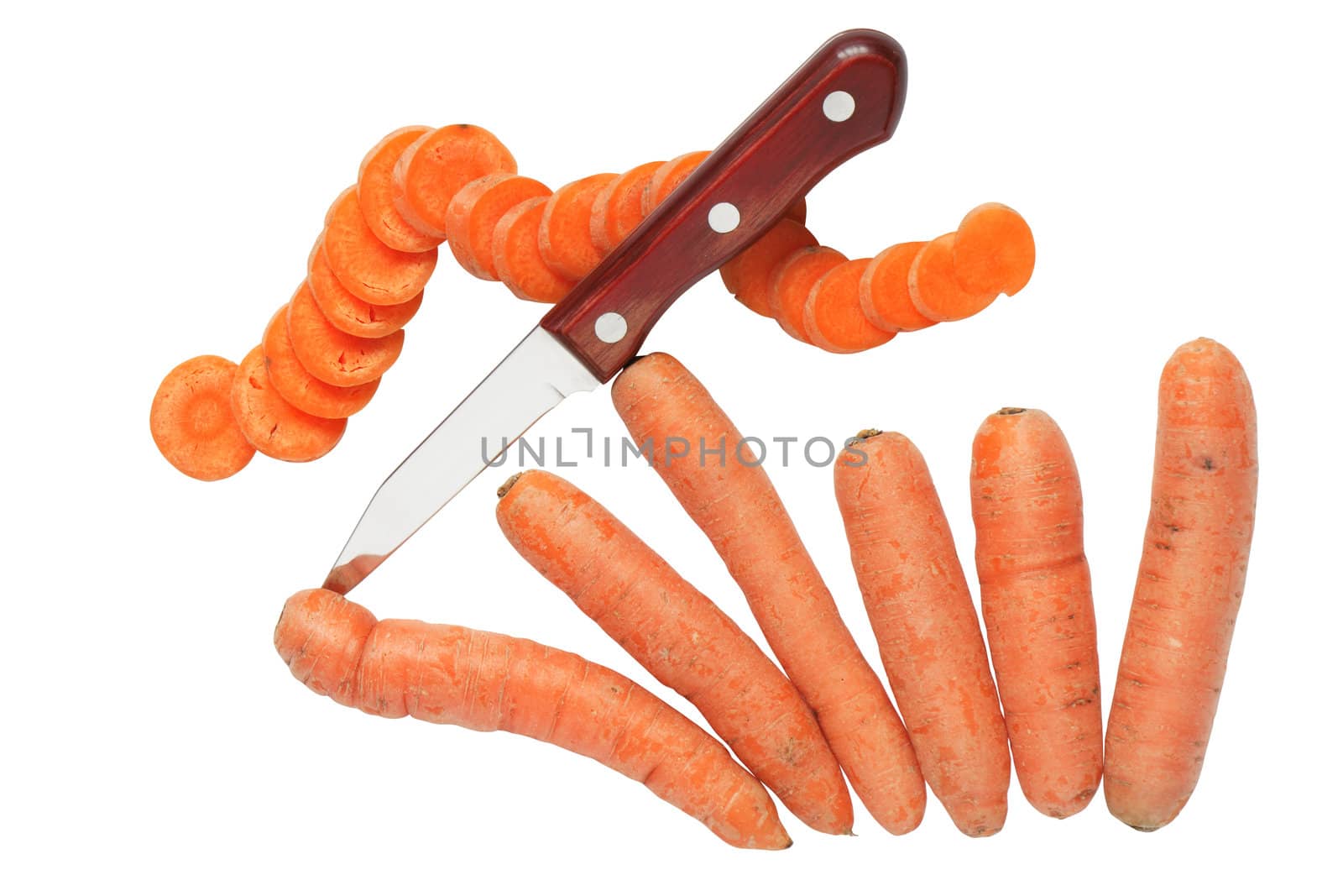 Few carrots, one sliced carrot and knife isolated on white background with clipping path