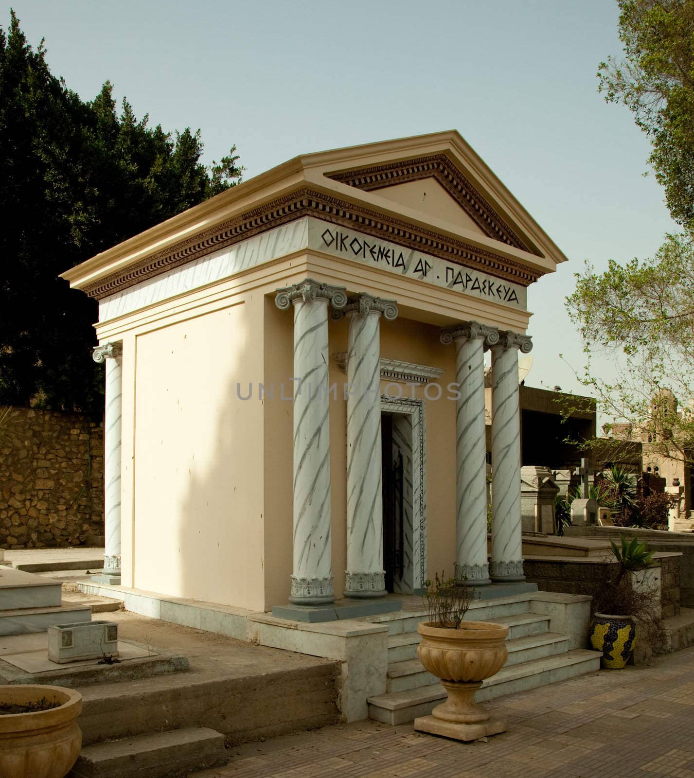 Greek style tomb on Coptic Christian building in Cairo, Egypt