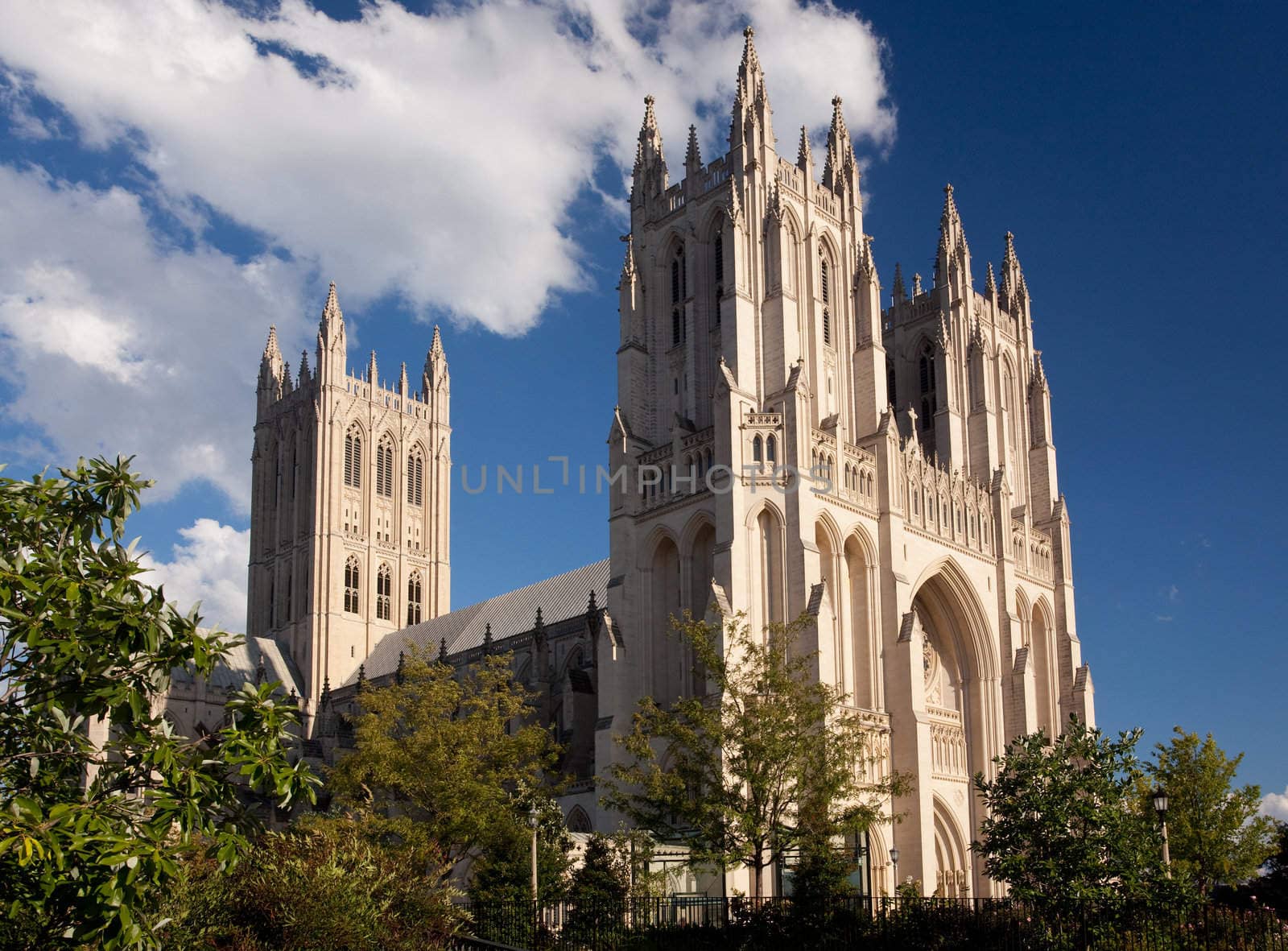 Washington National Cathedral from the side and framed by trees