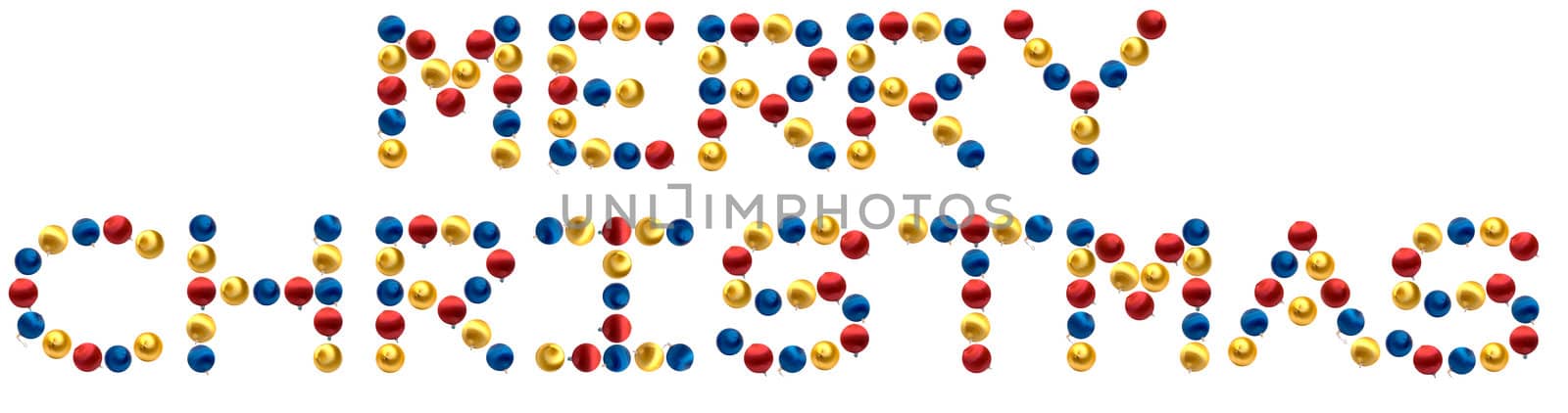 The words Merry Christmas spelled using colored ball ornaments, isolated on a white background