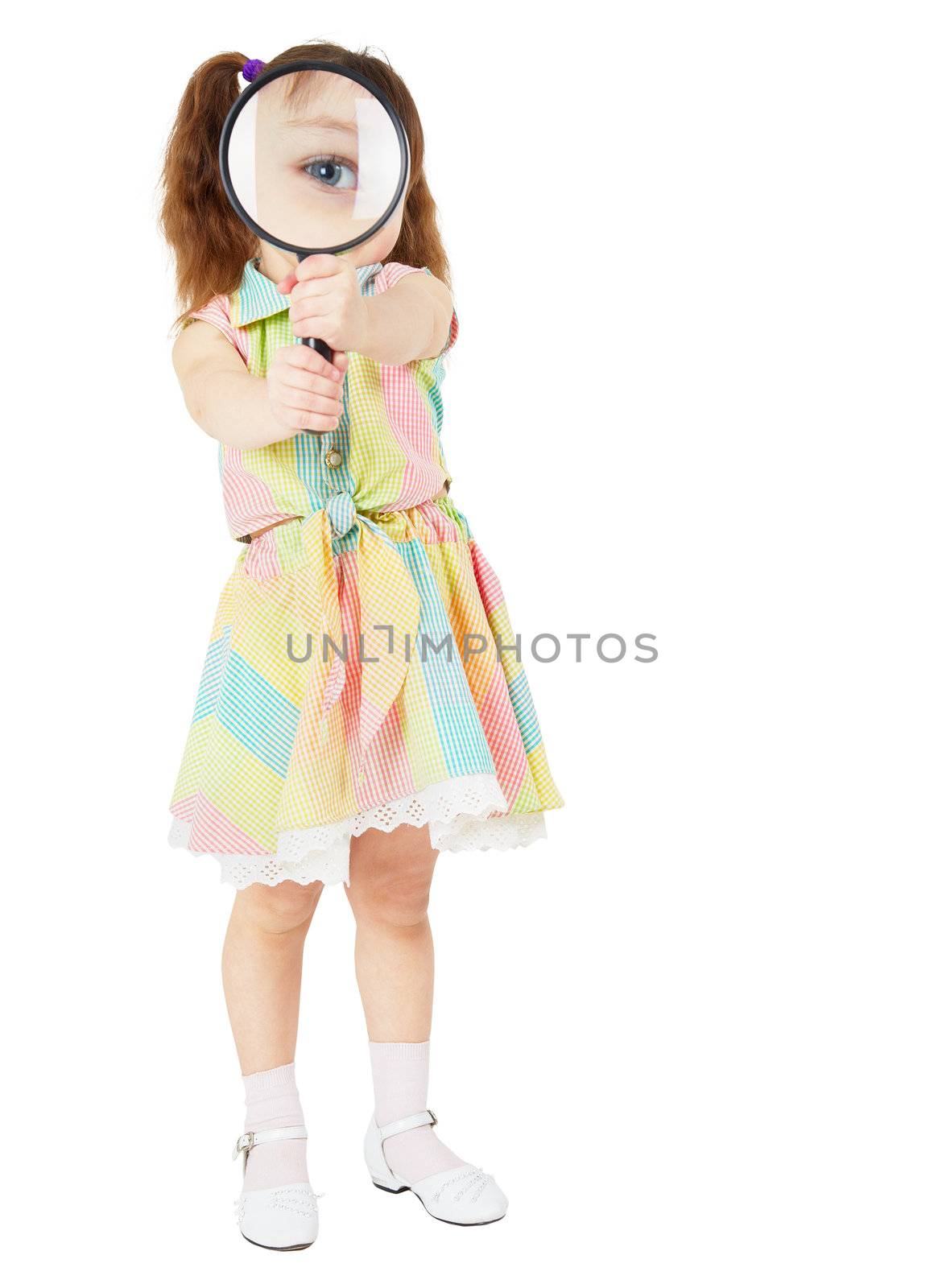 Comical child with magnifying glass in hands by pzaxe