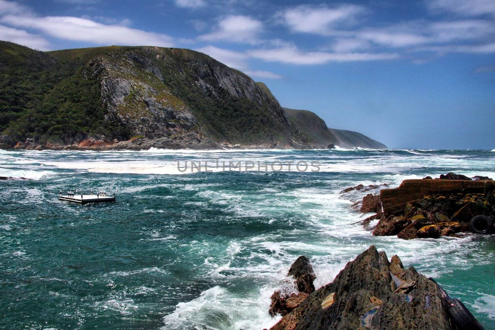 Beautiful view of mountains and sea at Storms River Resort, South Africa