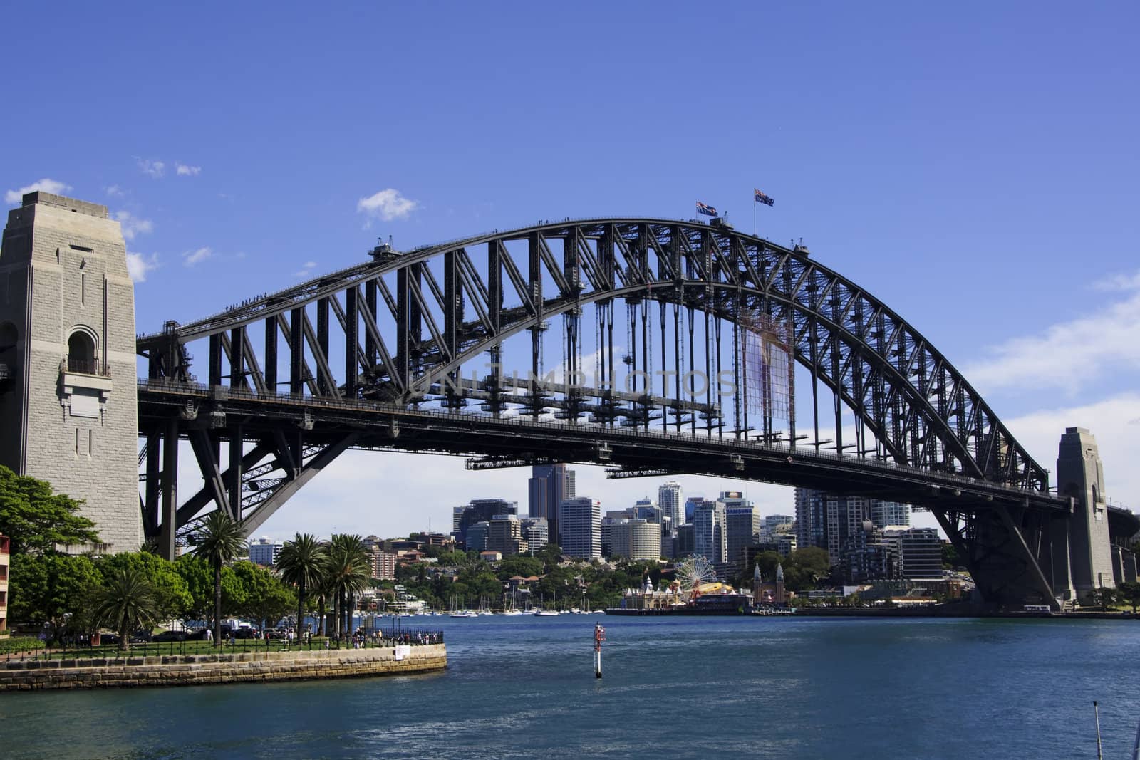 View from the bay along the bridge in Sydney, Australia