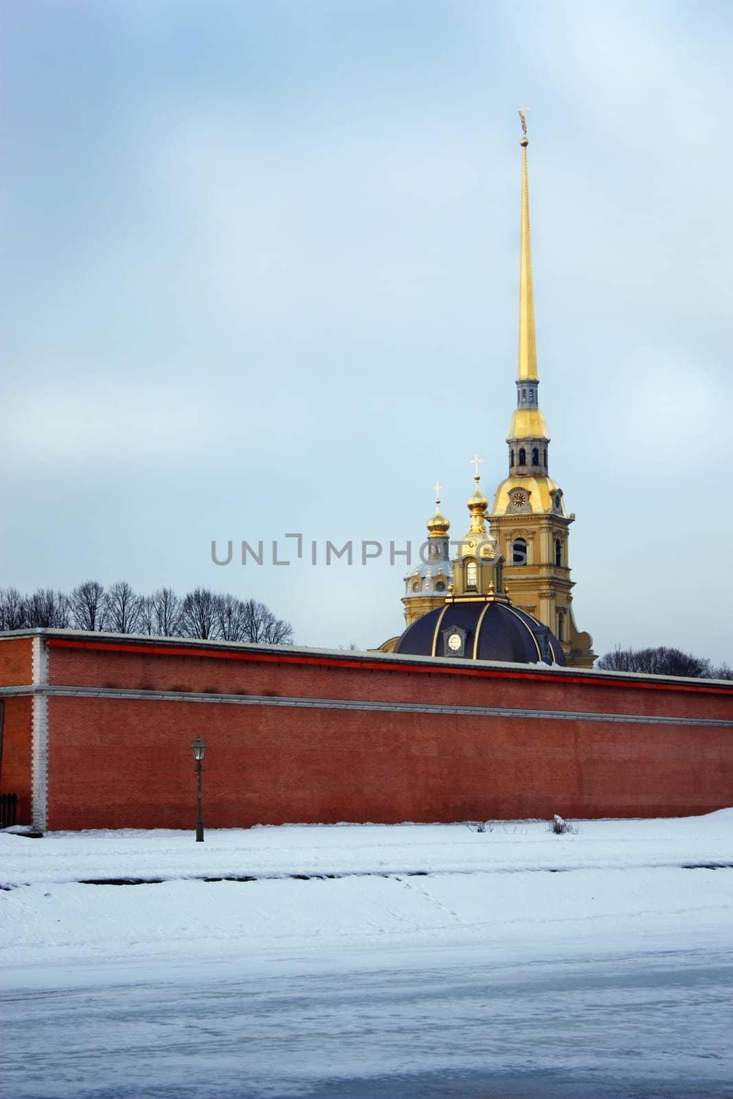 Peter and Paul Fortress, the bridge with a lantern, a fence on the bridge, gloss spire and domes, symbol of Russia, a symbol of St. Petersburg