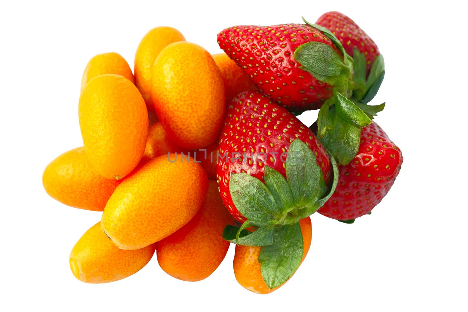 Fruit - strawberries and kumquat, isolated on a white background.