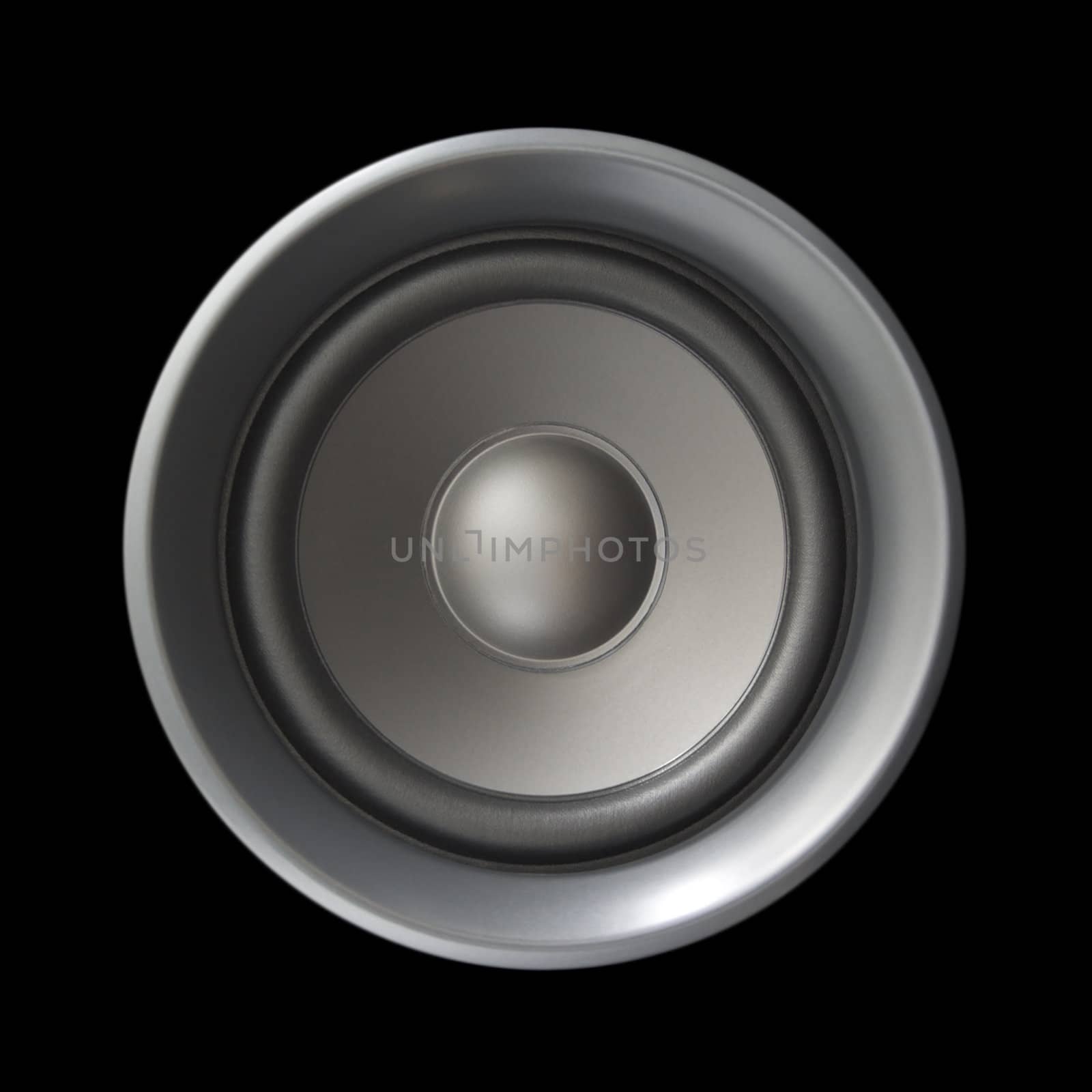 A large silver bass speaker isolated on black. 