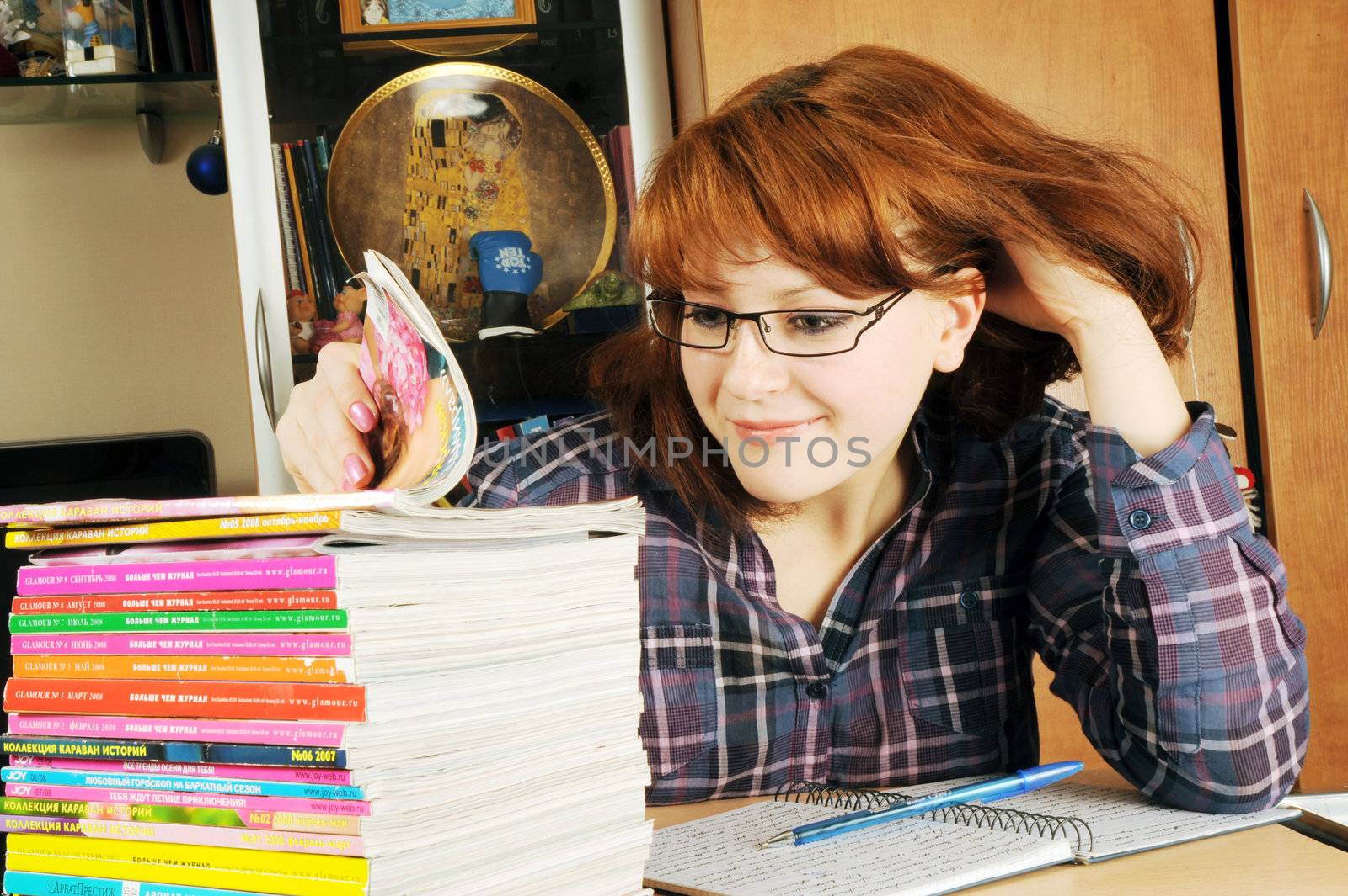 The young student does a homework of the Moscow university