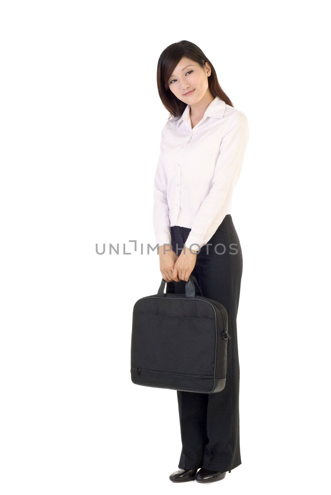 Business woman portrait of Asian with briefcase standing and smile on white background.