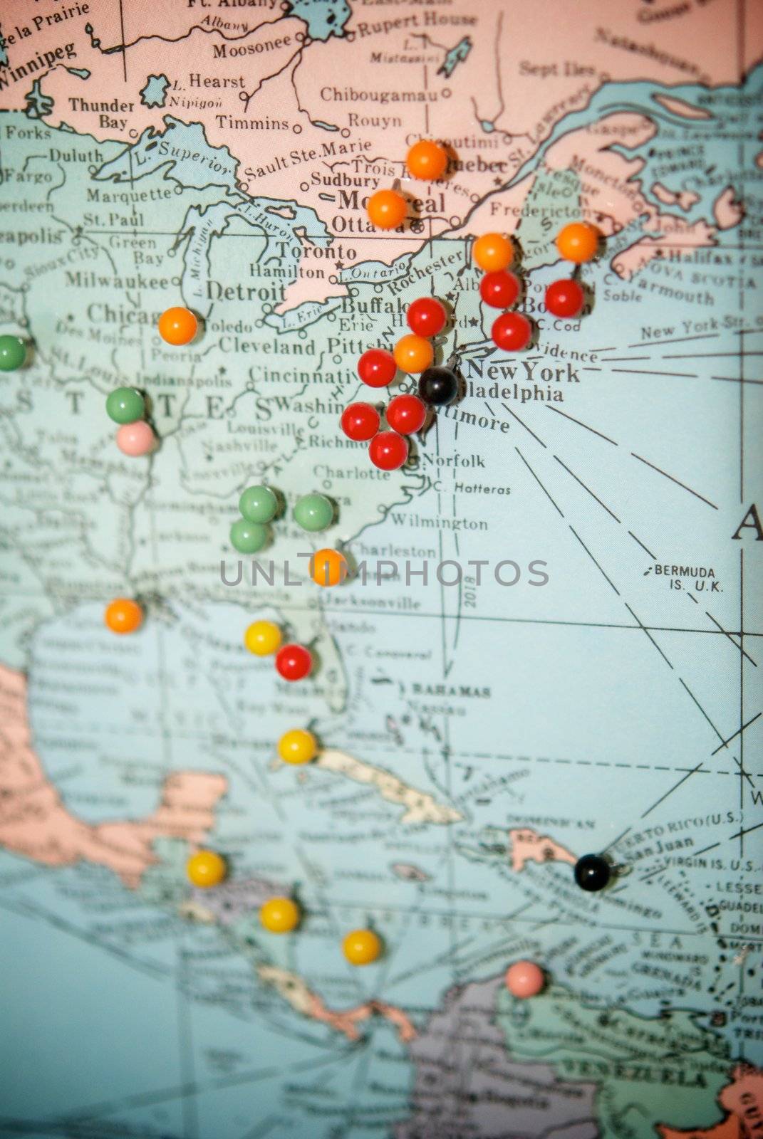 Travel Map with Push Pins with Focus Centered on New York City, USA
