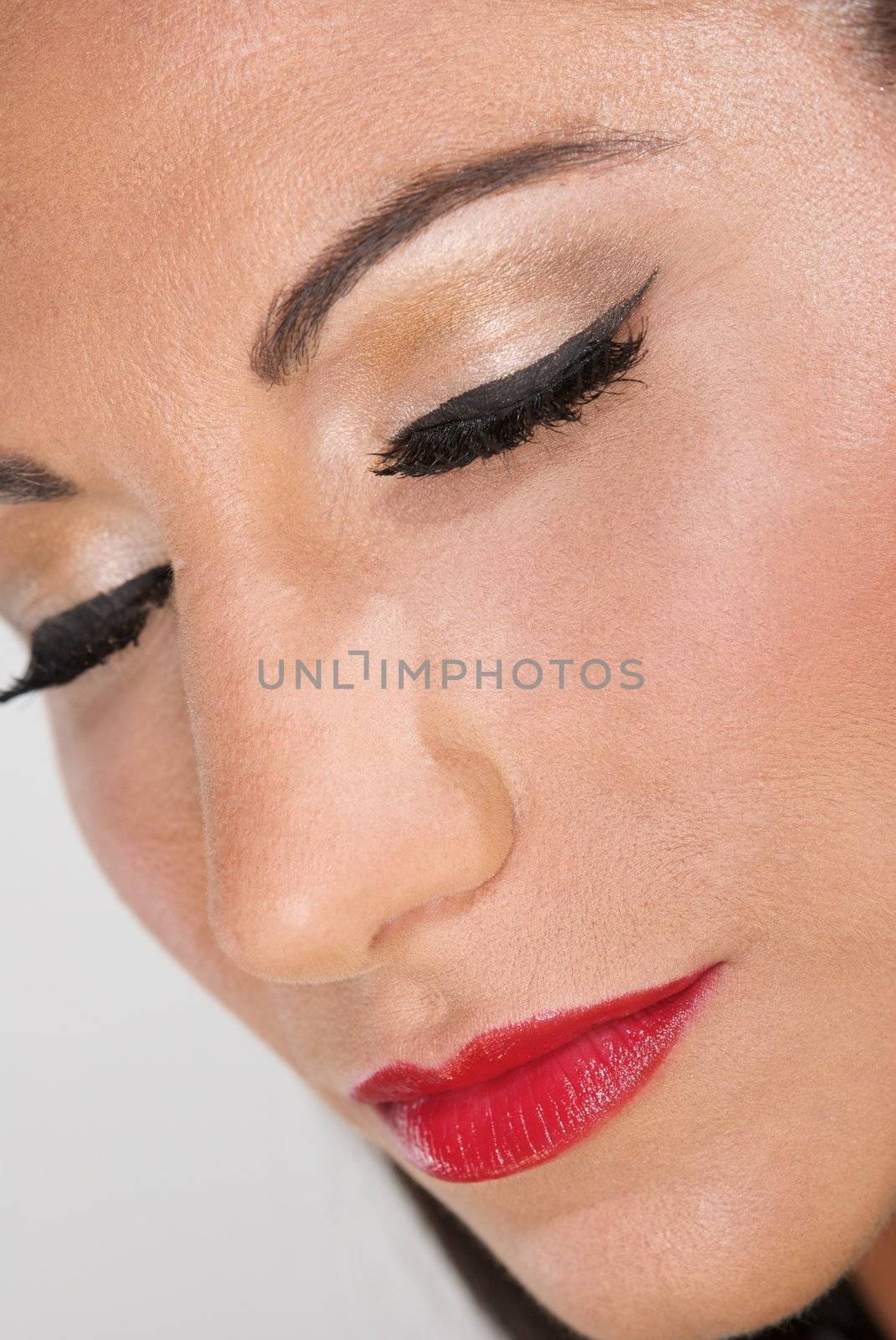 Close up of film noir makeup on a beautiful woman