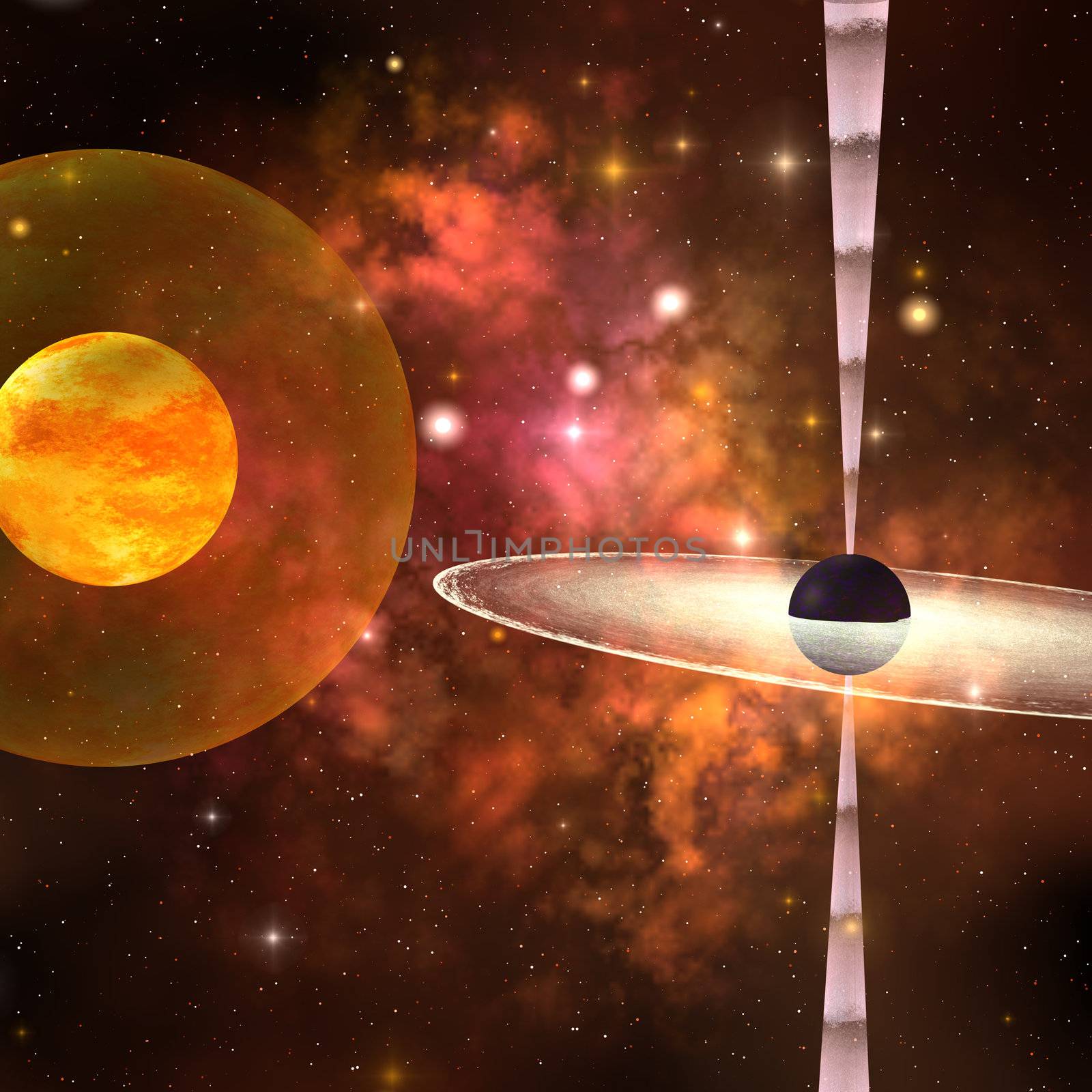 A huge sun encircled by an energy field orbits near a black hole in space.