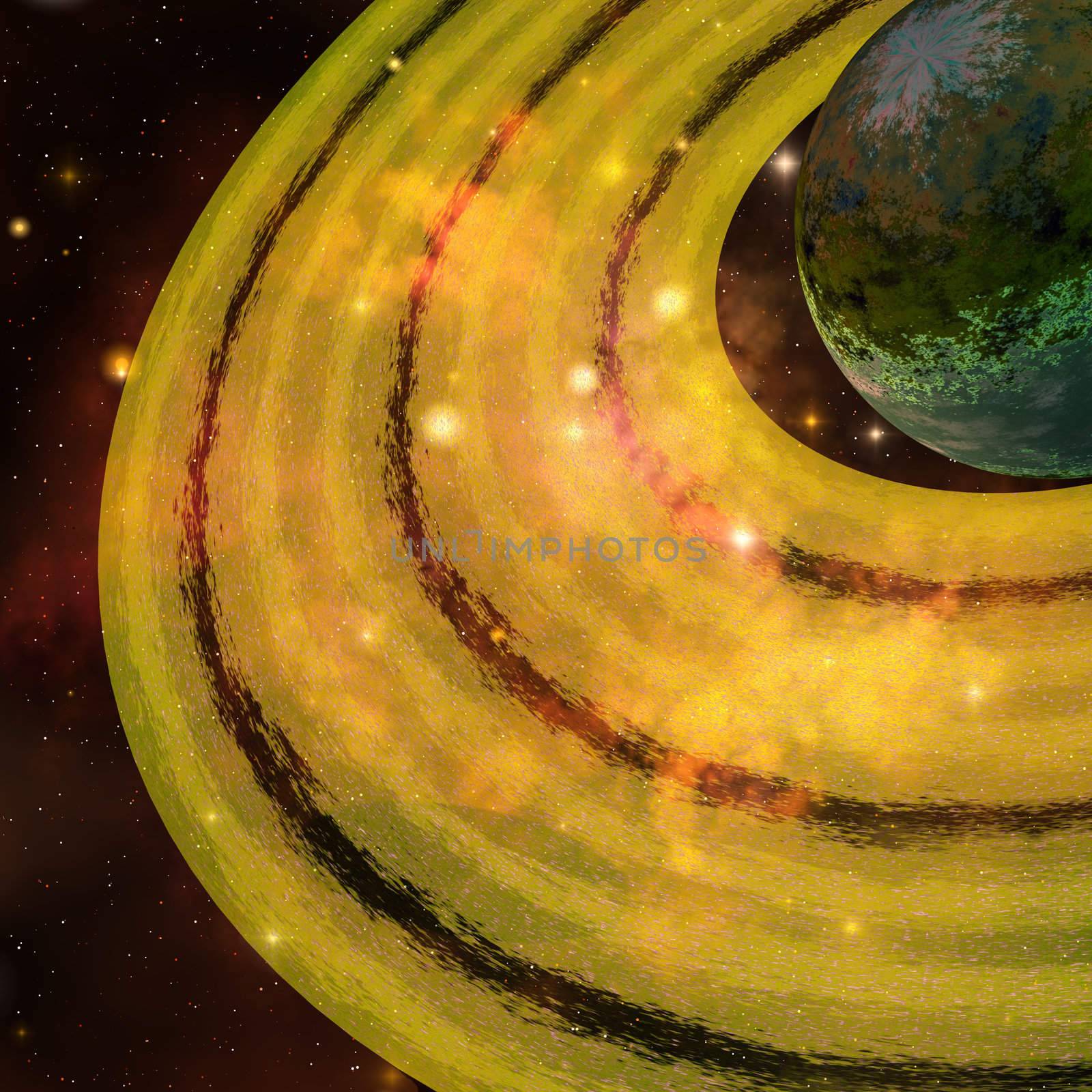 A golden ring system encircles this planet out in the galaxy.