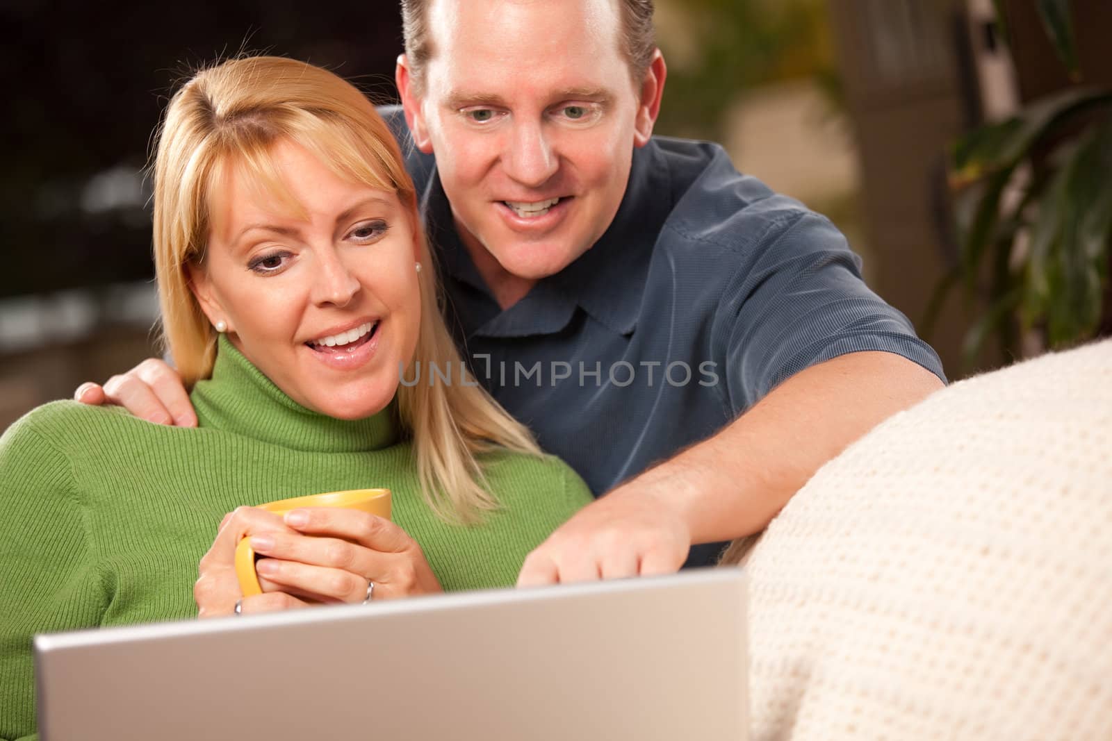 Handsome Happy Couple Using Their Laptop Together.