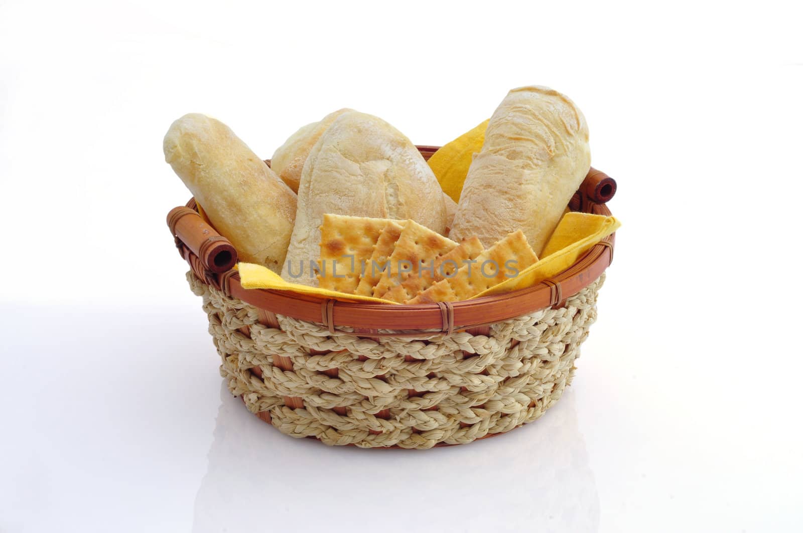 basket of bread and crackers on white background